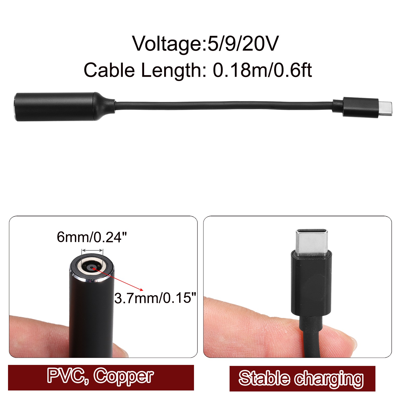 0.6FT USB C to DC PD Power Fast Charging Cable, 6mmx3.7mm 65W/5V/9V/20V(Black)