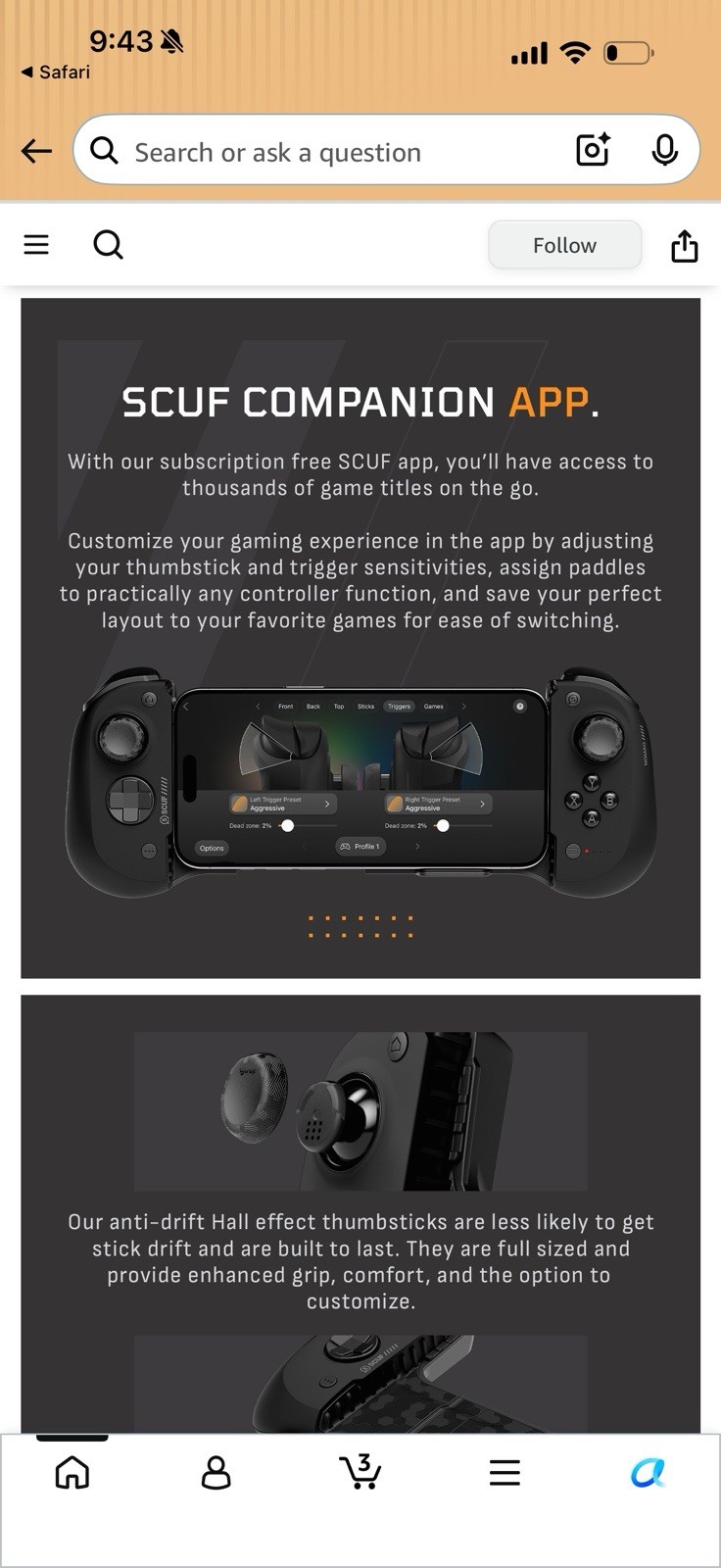 SCUF Nomad Black Mobile Controller for Smartphone USB-C Ergonomic Hall Effect