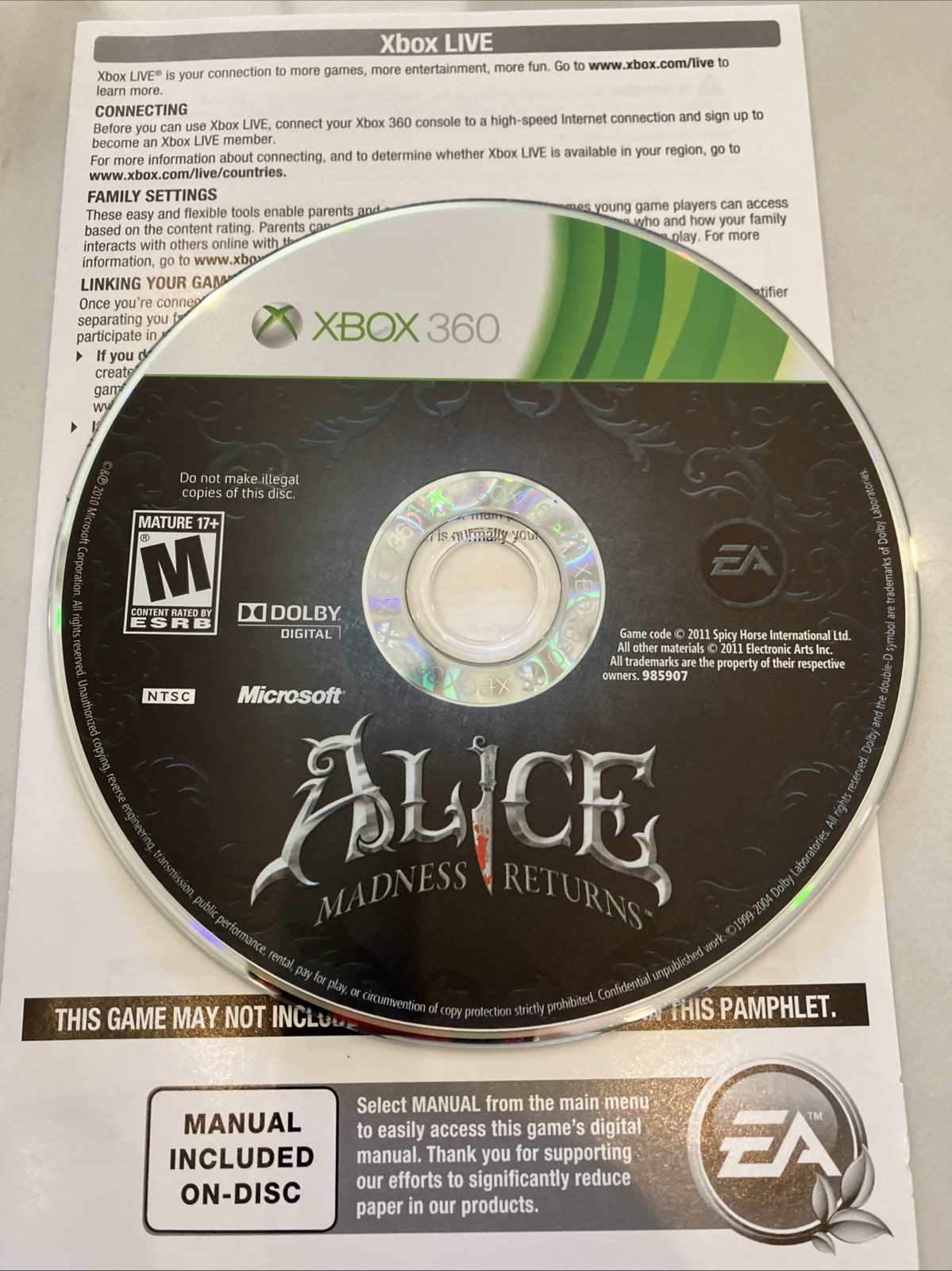 Alice: Madness Returns Xbox 360 CIB Complete W/ Manual & Insert Tested