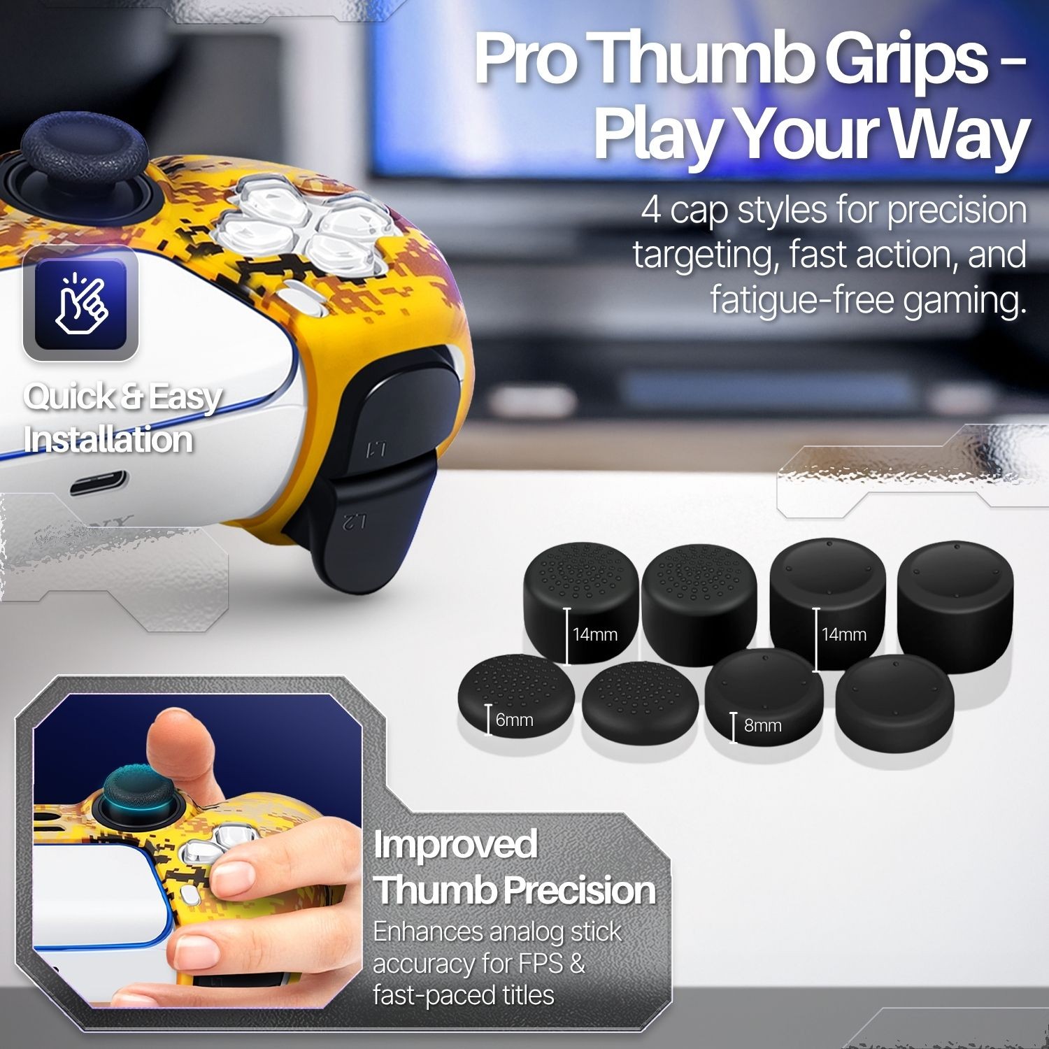 PS5 Controller Skin Grip Cover Silicone Gel Rubber w/ 8 Thumb Caps – Camo Yellow