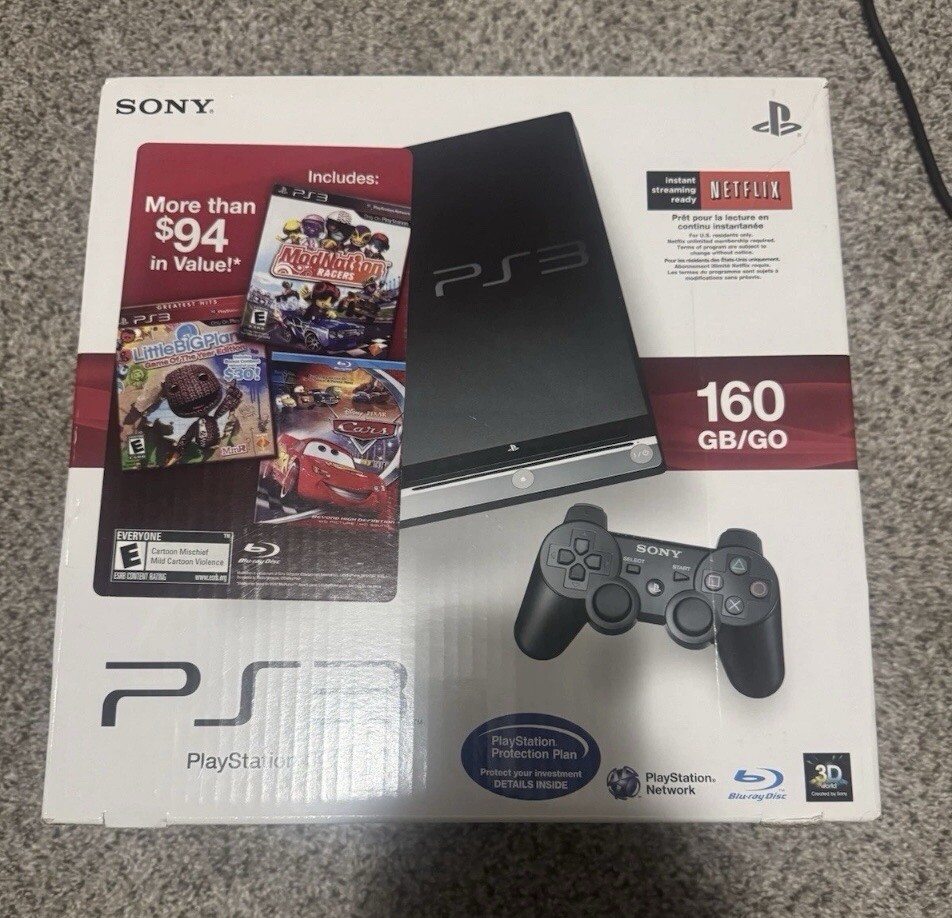 Sony PlayStation 3-PS3 Slim 160gb Console In Box-Black-With 3rd Party Controller
