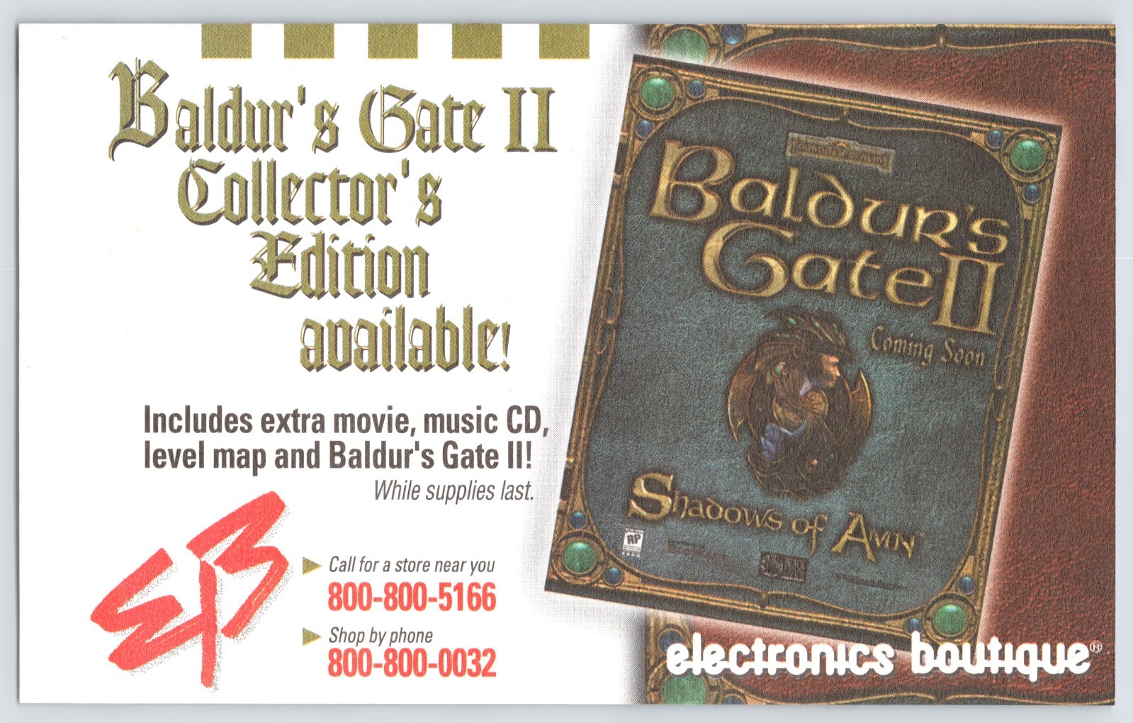 2000 Baldur’s Gate II PC Collector’s Original EB Launch Promo Advertising Card