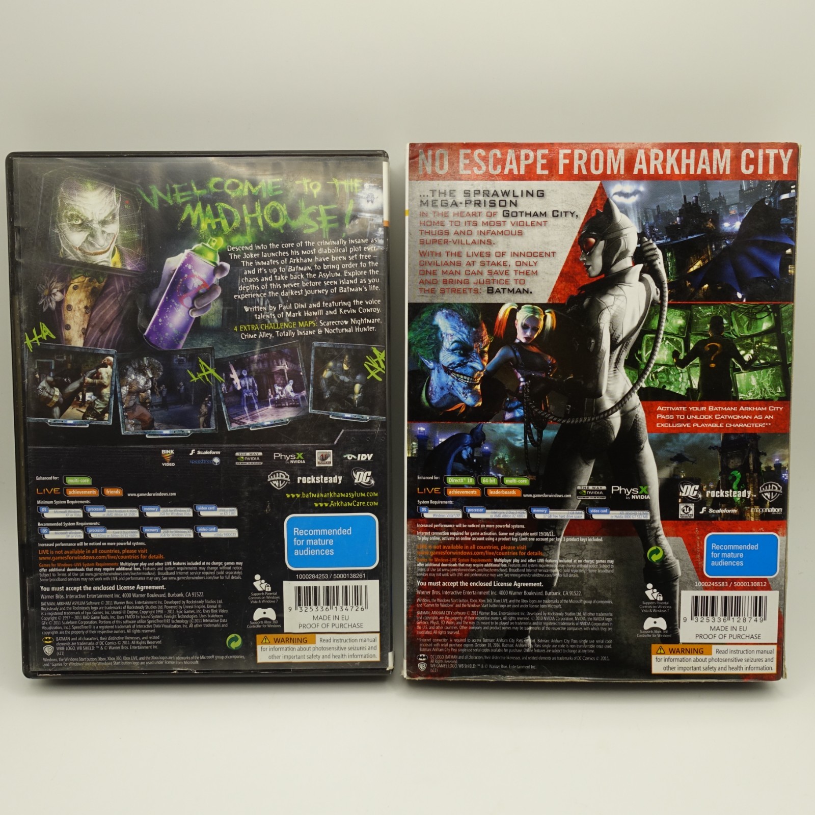 Batman Arkham Asylum GOTY + Arkham City PC DVD Complete With Manuals