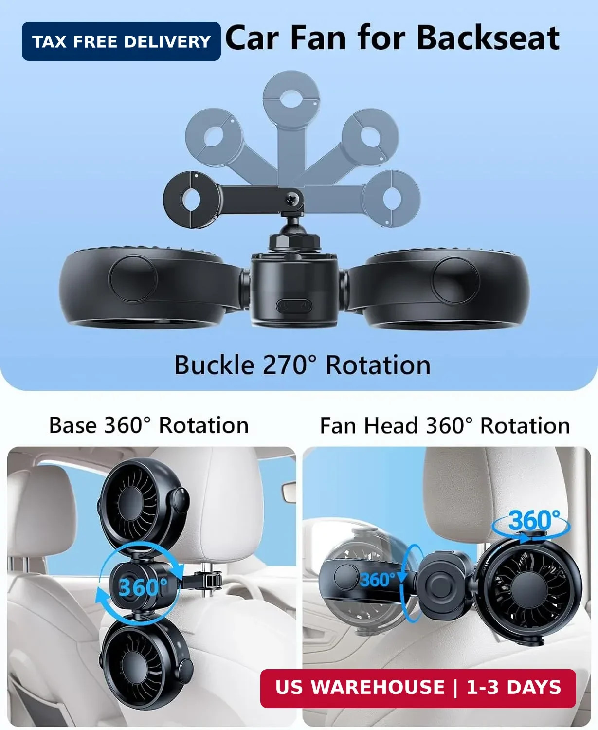 Dual Head Car Cooling Fans for Back Seat for Kids, 4000mAh Battery Powered Recha