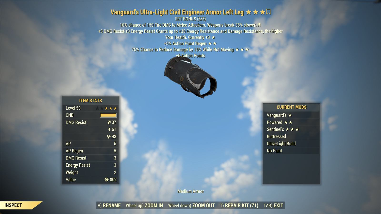 FALLOUT 76 PC CIVIL ENGINEER ARMOR SET VANGUARD’S POWERED SENTINEL’S +HELMET