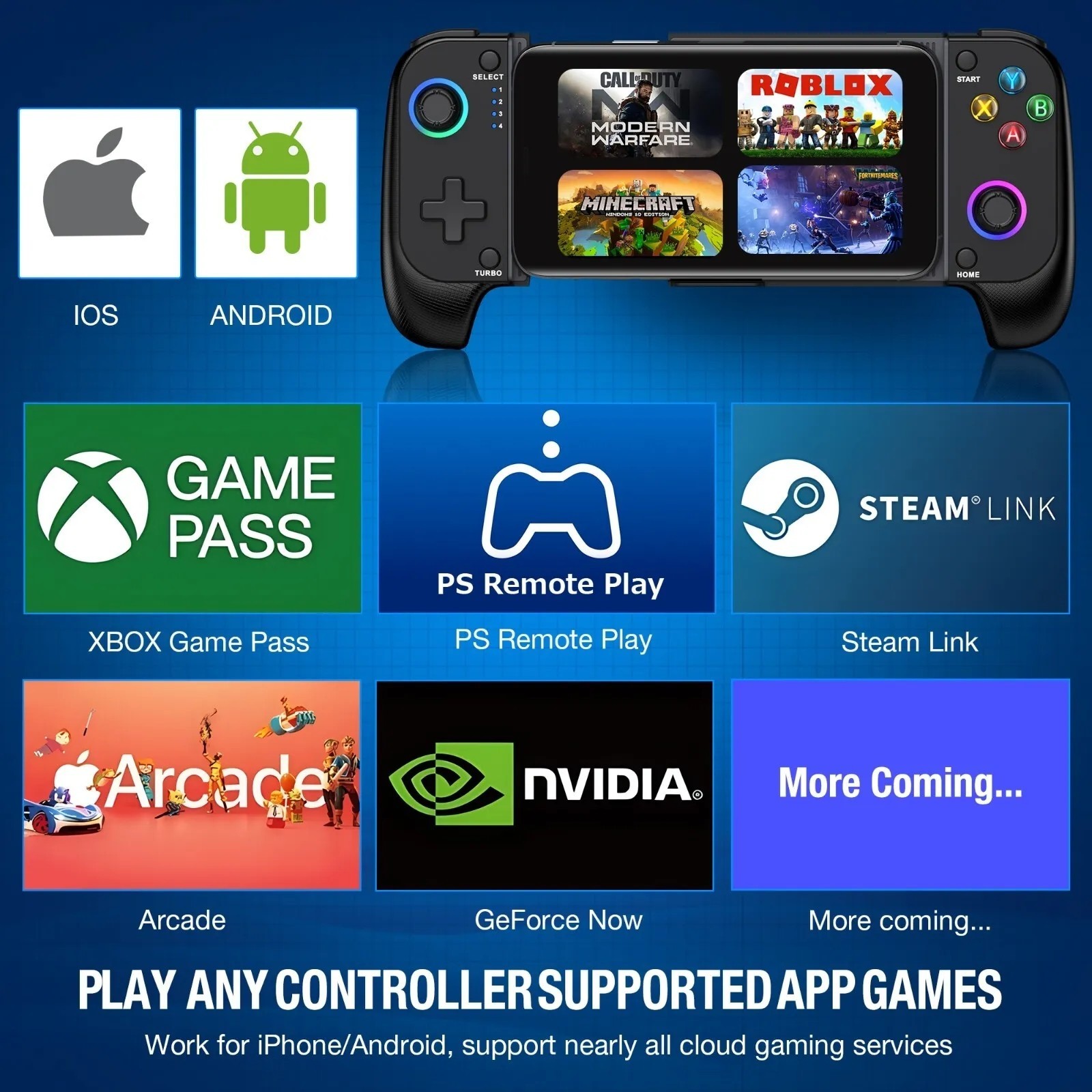 Mobile Game Controller for iPhone/Android, iOS Wireless Gaming Controller + RGB