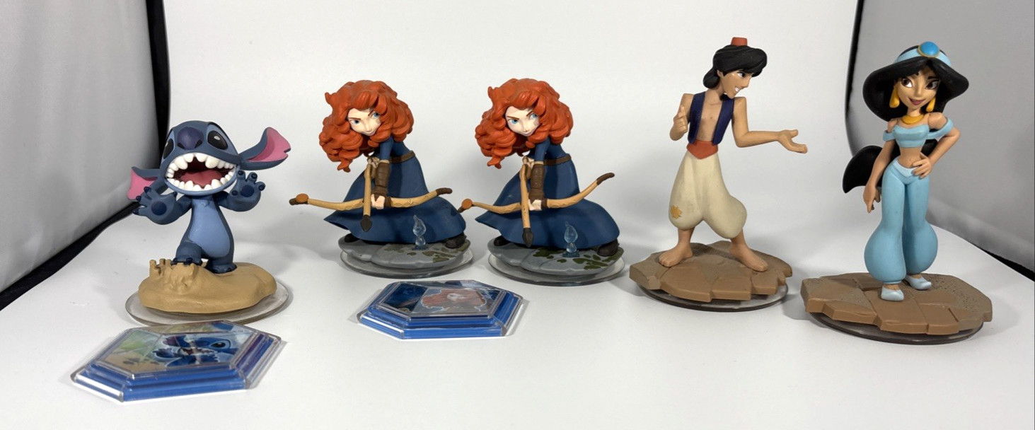 Lot of 5 Disney Infinity Figures: Aladdin, Jasmine, Stitch, Merida x 2, V 2.0