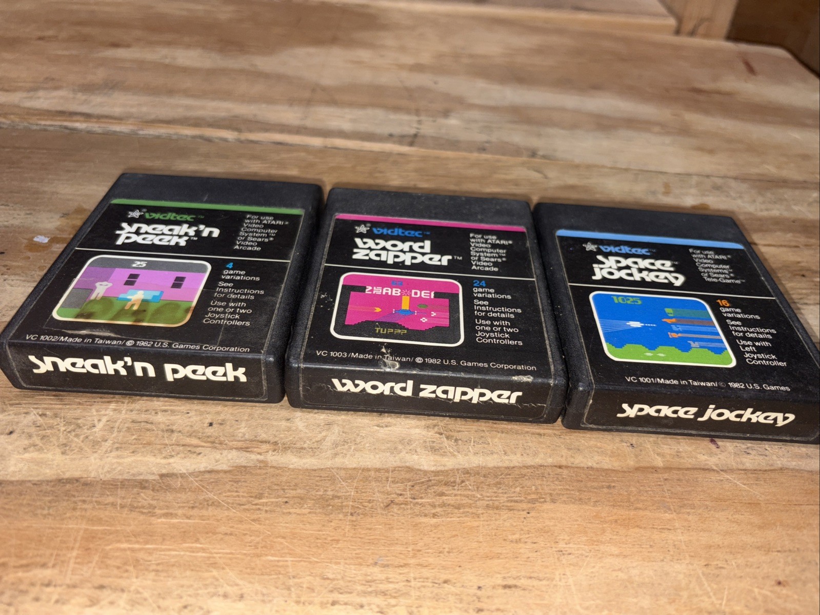 Atari 2600 US GAMES VIDTEC 3 Game Lot – Word Zapper, Space Jockey & Sneak’n Peak