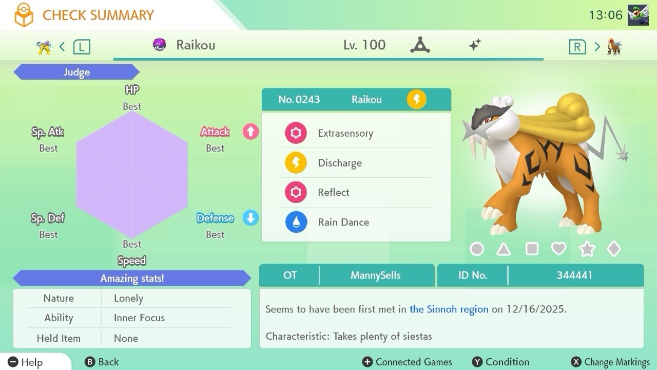 BDSP Caught Legendaries Shiny/Non Shiny, 6IV, Level 100, EVs 6HP 252ATK 252SPE