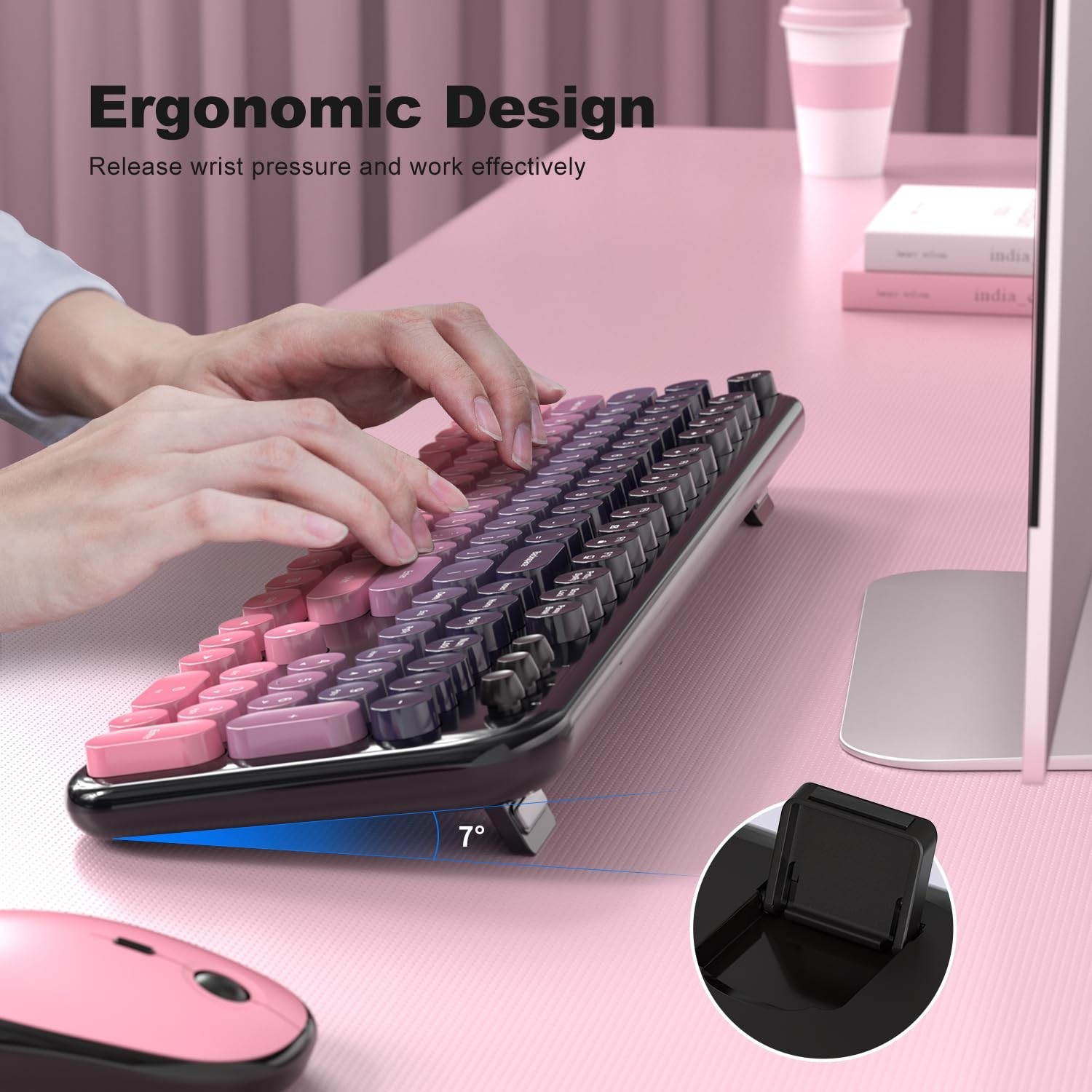 Wireless Keyboard Mouse Combo – Lovely CherryPink-Gradient Rainbow Full-Sized…