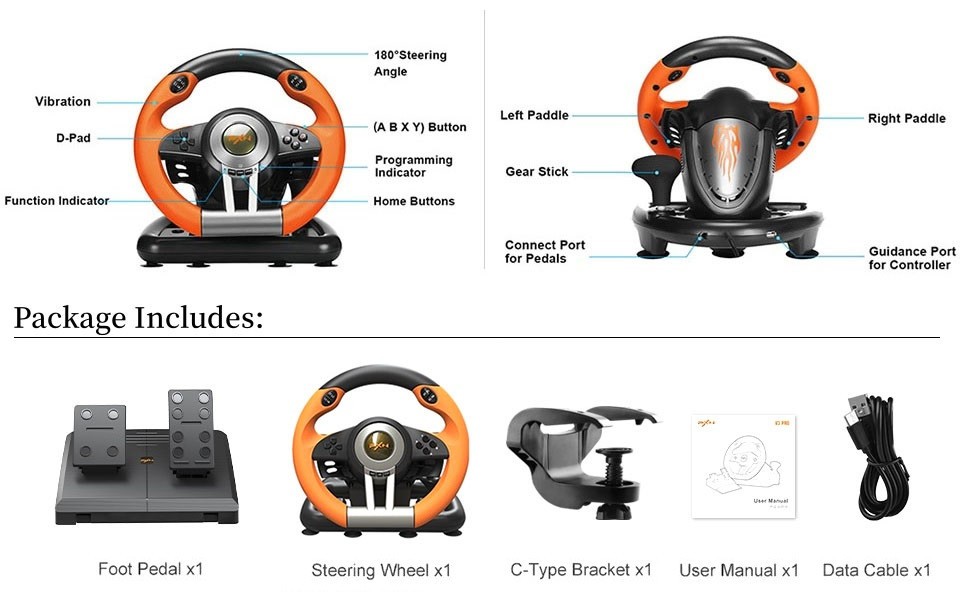 PXN V3 Pro USB Racing Game Controller Wheel With Pedals (Orange)