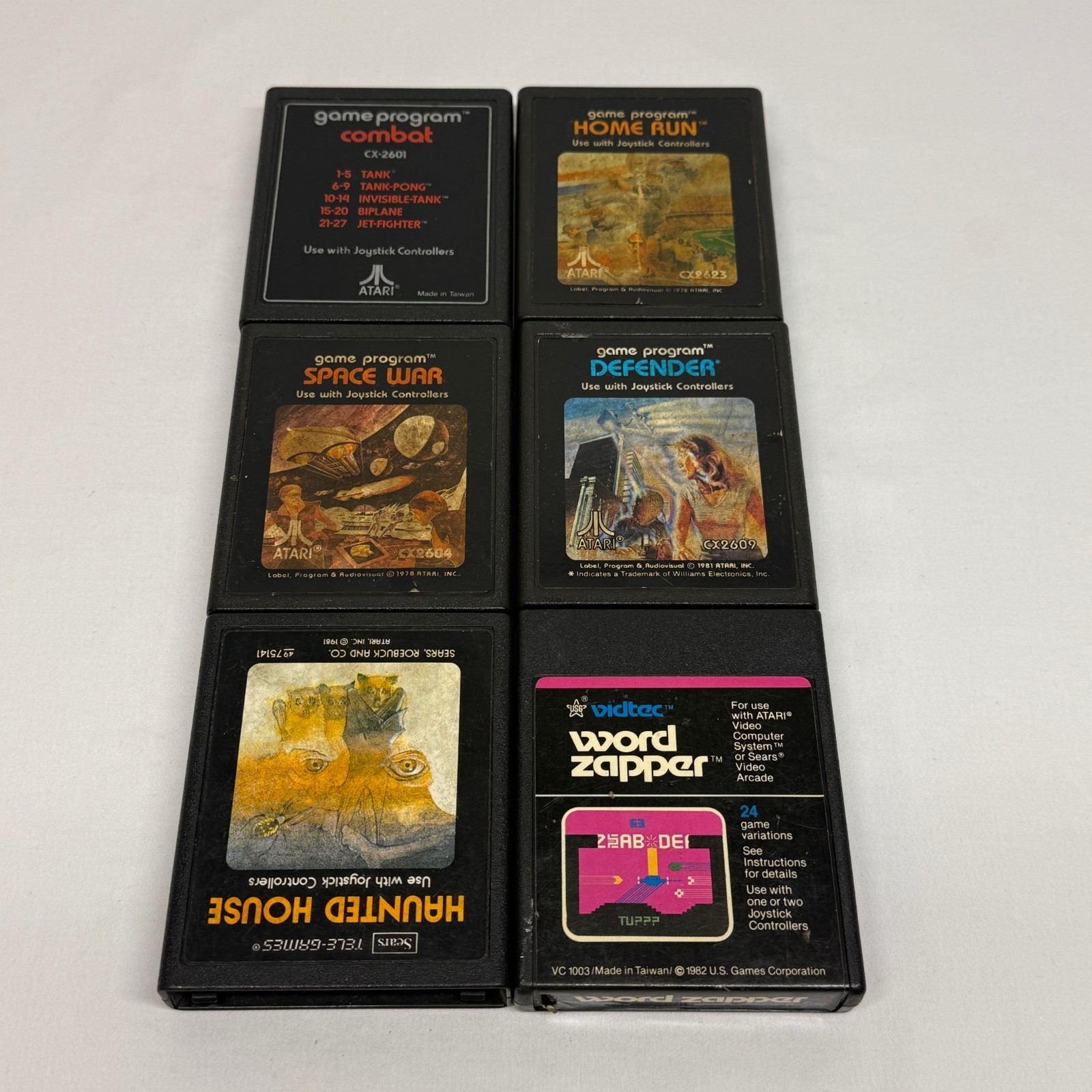 6 ATARI Video Game Cartridges – Word Zapper / Space War / Home Run – NOT TESTED
