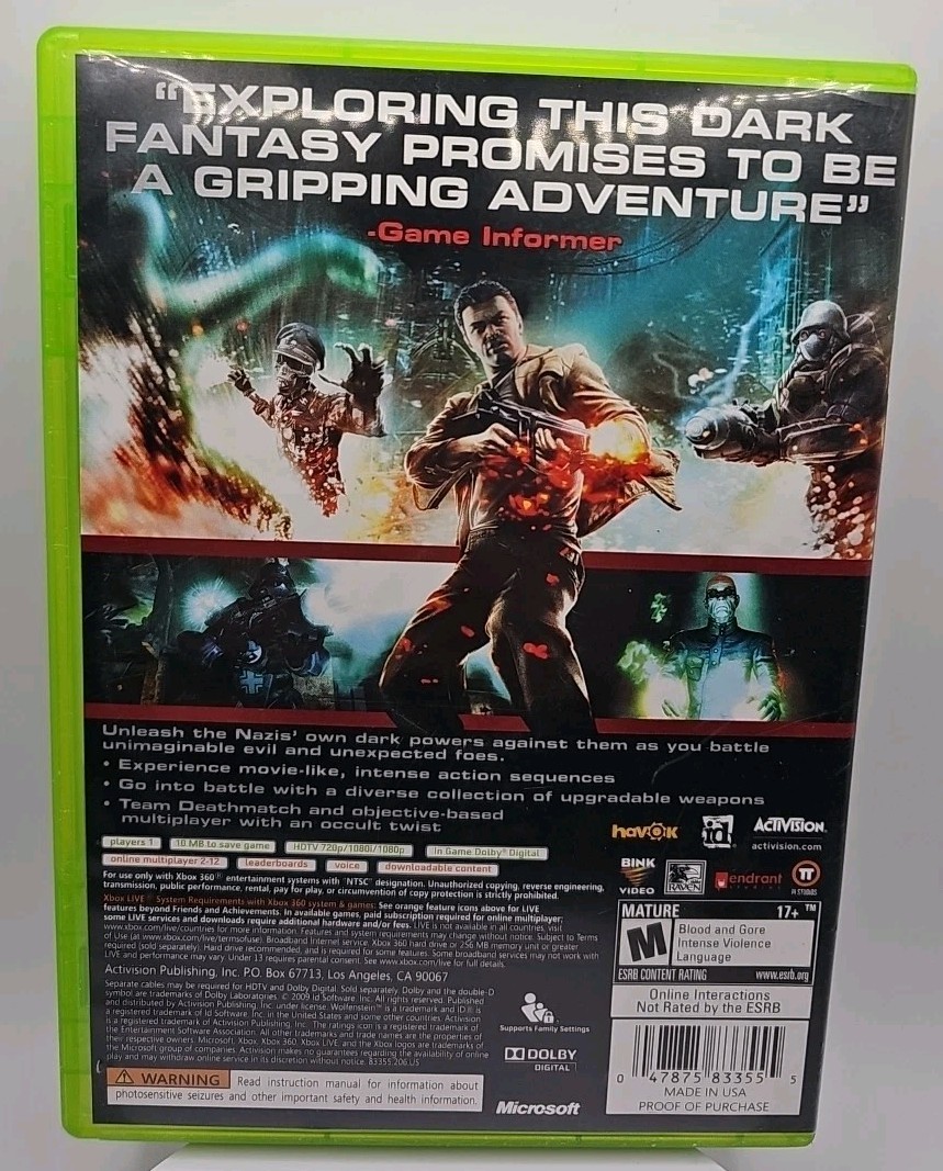 Wolfenstein (Microsoft Xbox 360, 2009) CIB Complete In Box With Manual Tested