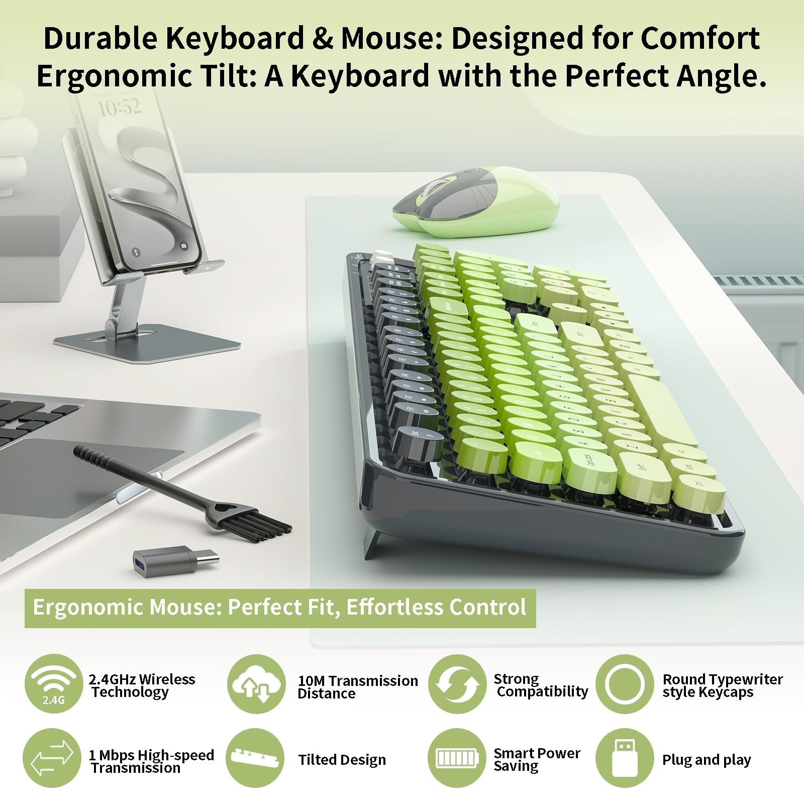 Wireless Keyboard and Mouse, MOFII 104 Round Keycaps Retro Typewriter with OT…