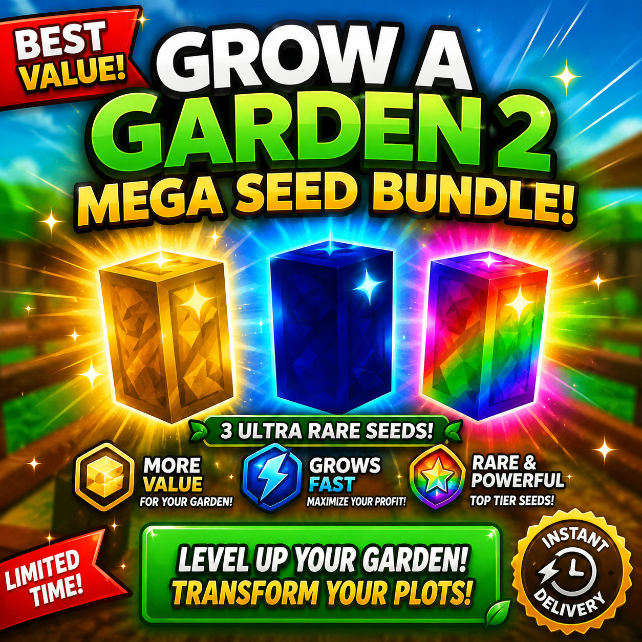 🌟 Grow A Garden 2 BEST Mega Seed Bundle | Gold, Mega & Rainbow Seeds | 24/7 🌟