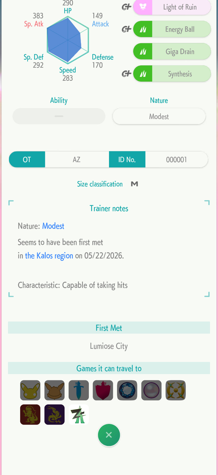 Pokemon Champions / Home ETERNAL FLOETTE from Legends ZA Lv.100 Modest 6IV AZ