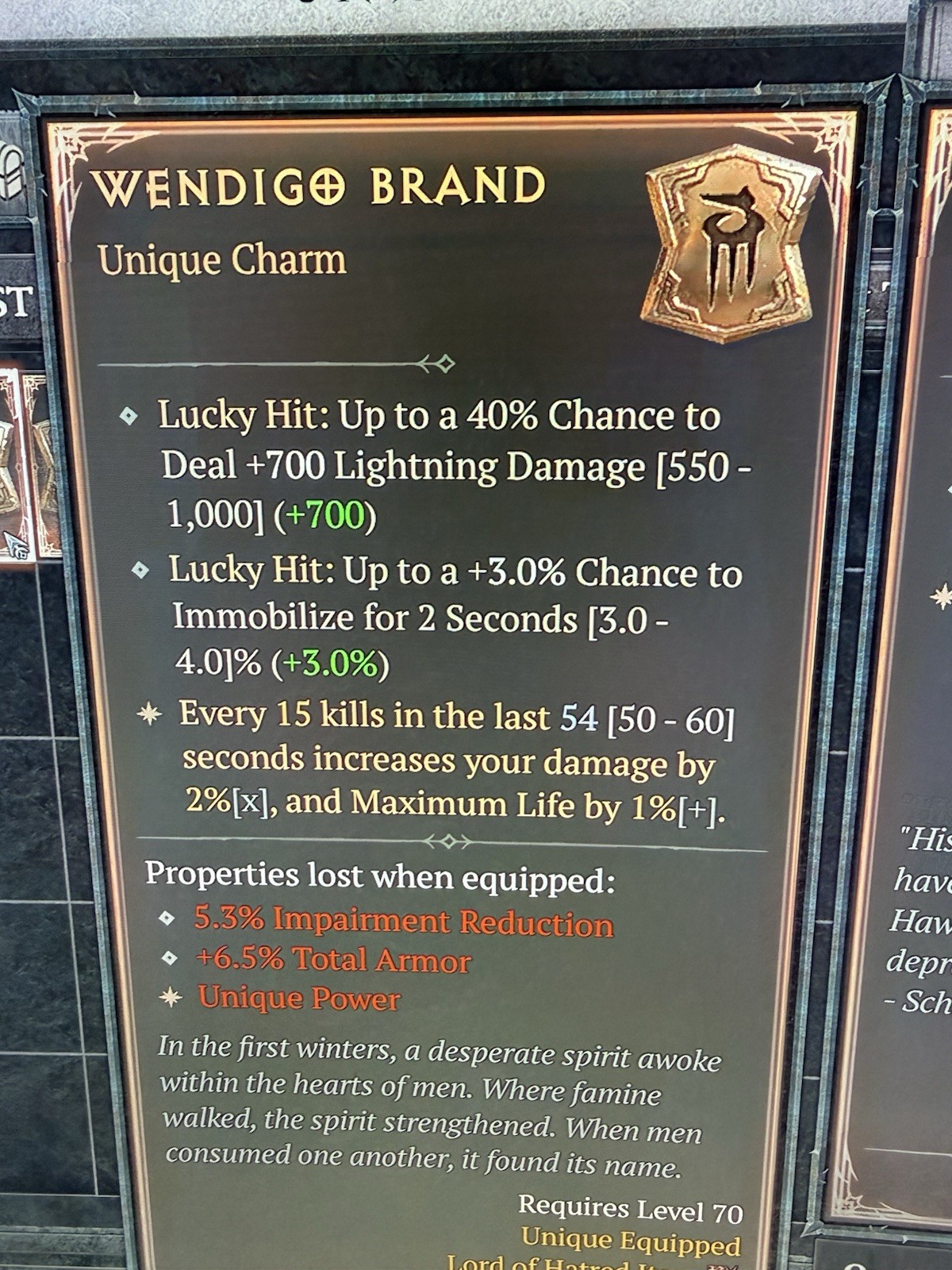 Diablo4 Season 13 S13 Unique Charm Wendigo Brand