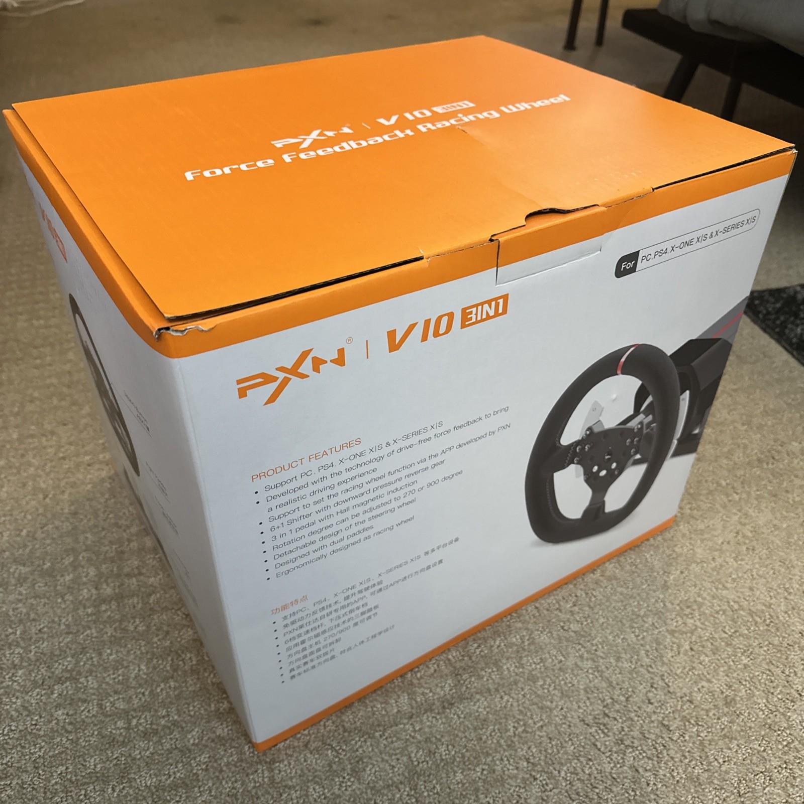 PXN V10 Force Feedback Racing Wheel Pedals Shifter PC Xbox PS4 Used Once Box