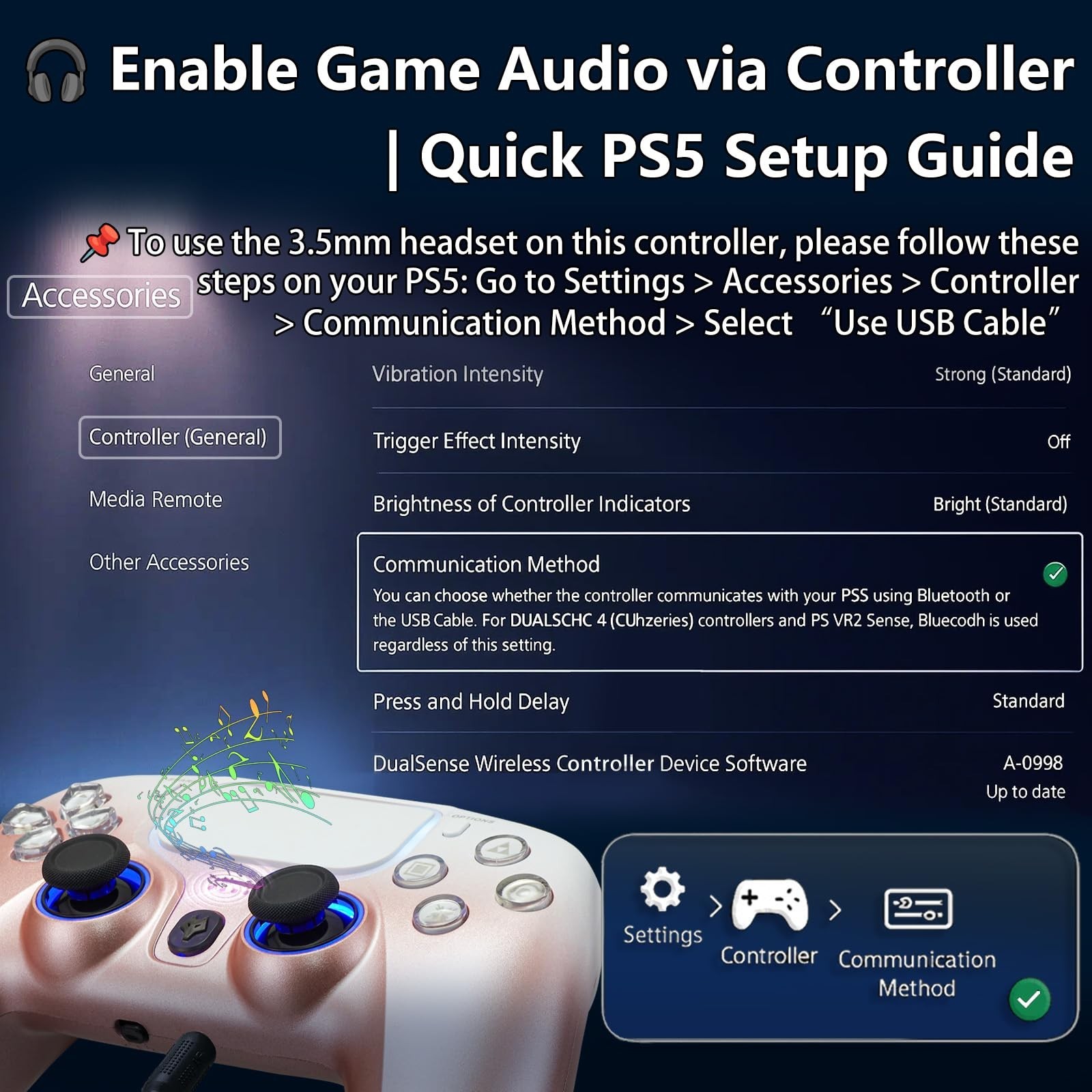 Wired PS5 Controller with Turbo, Hall-Effect Triggers, Dual Vibration, 10ft Cabl