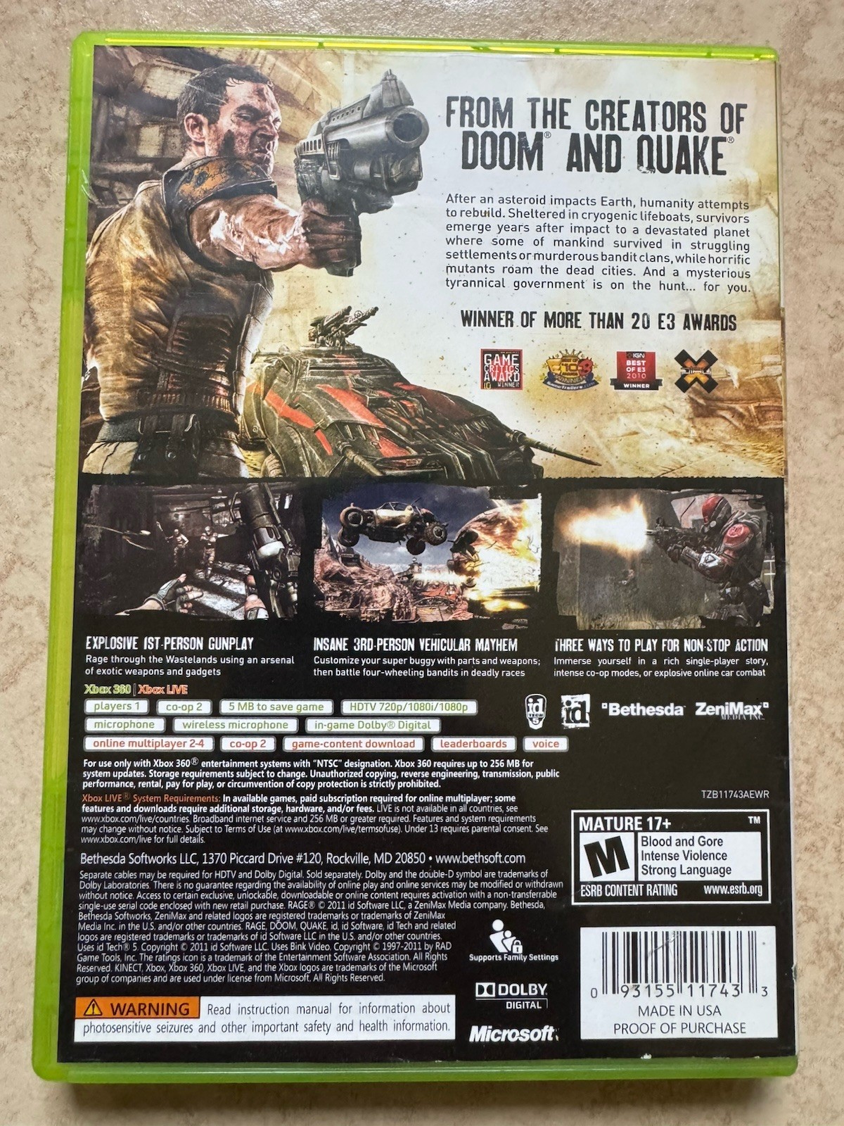 Rage (Microsoft Xbox 360, 2011) Complete CIB Tested And Working Free Shipping!