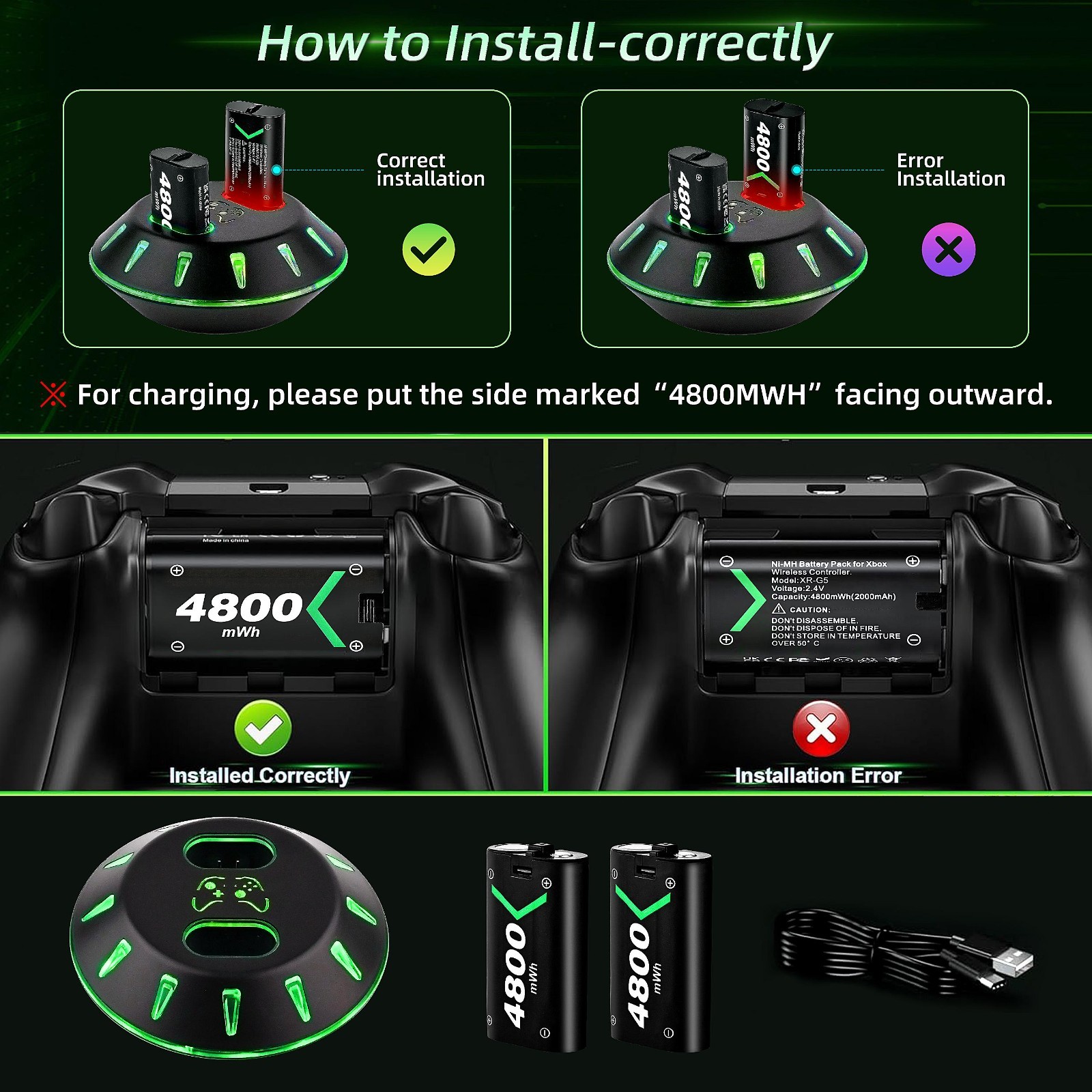 2X4800 Rechargeable Battery Pack for Xbox One/Xbox Series X|S Controller Battery