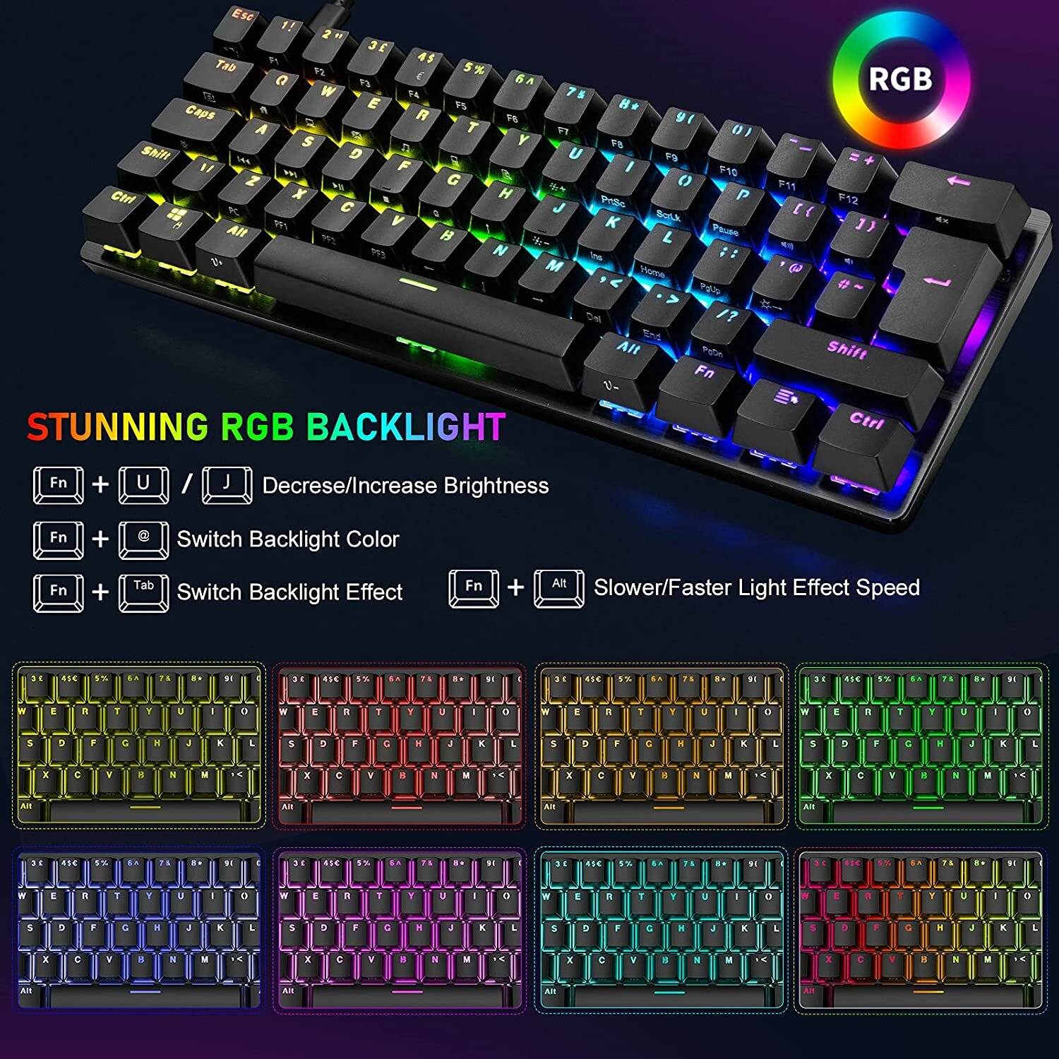60% Wired Mechanical Gaming Keyboard Mini RGB Backlit Type-C for PC PS4 PS5 Xbox