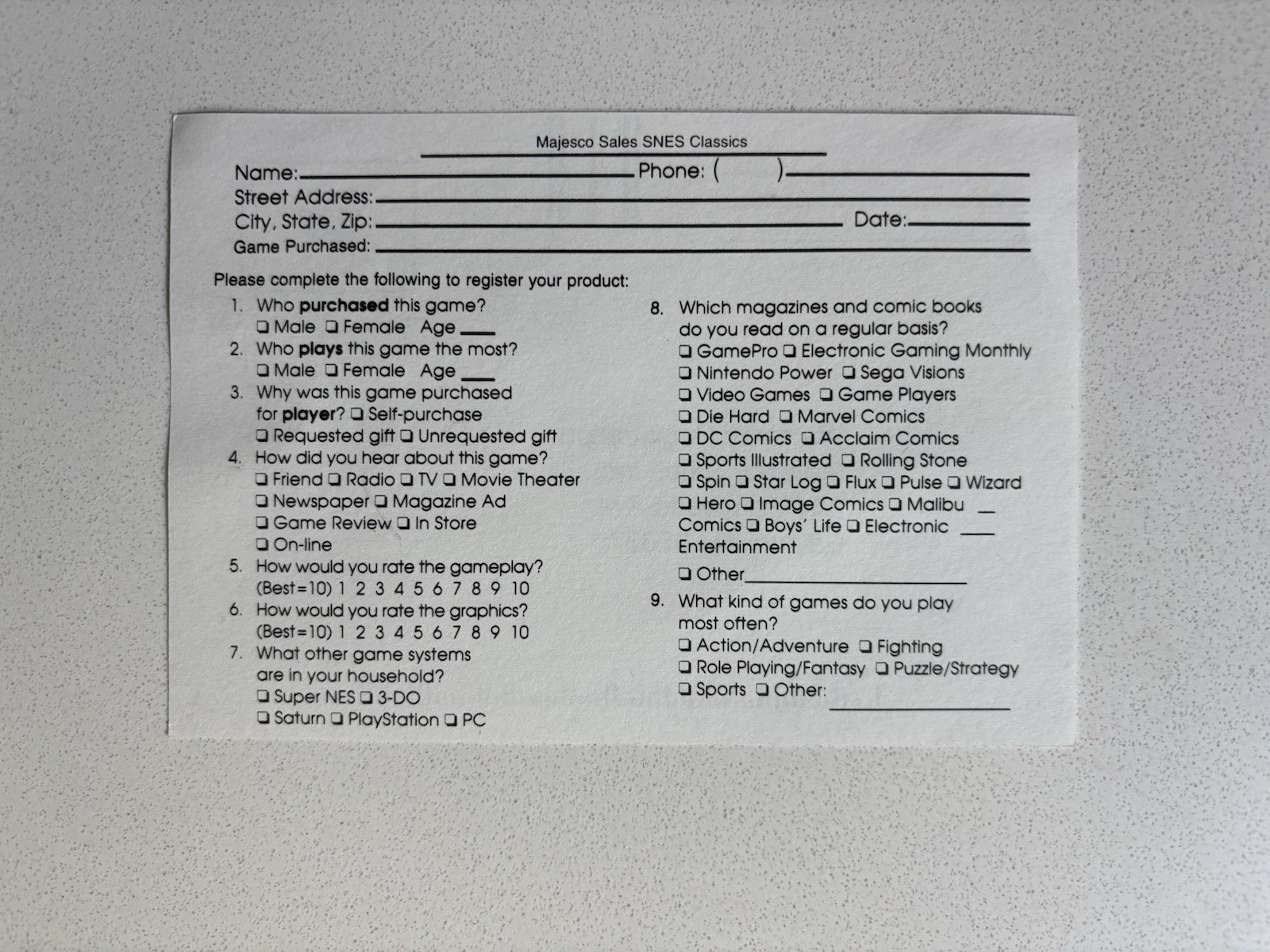 Majesco Sales SNES Classics Super Nintendo Warranty Registration Card Insert
