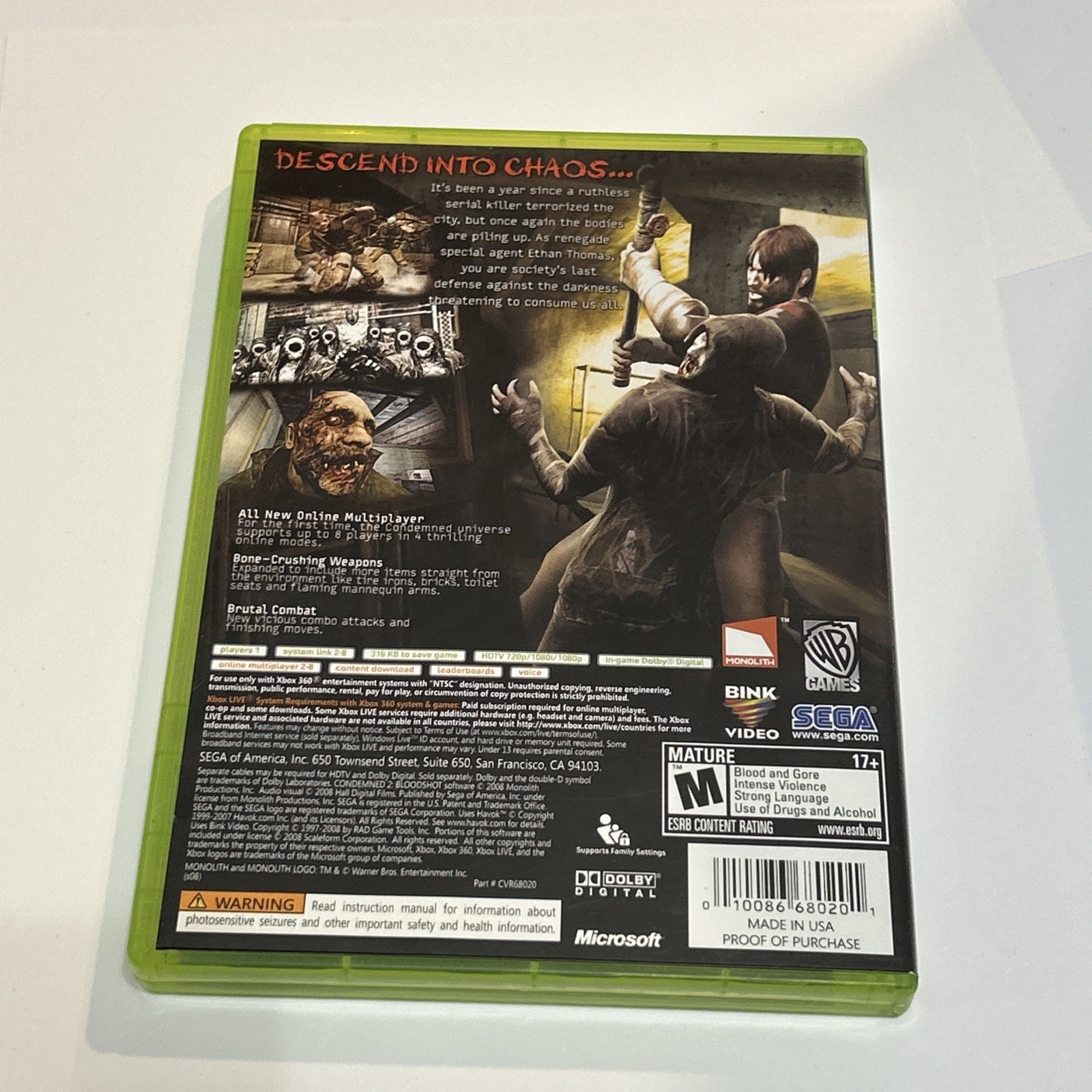 Condemned 2: Bloodshot (Microsoft Xbox 360, 2008) Complete with Manual Horror