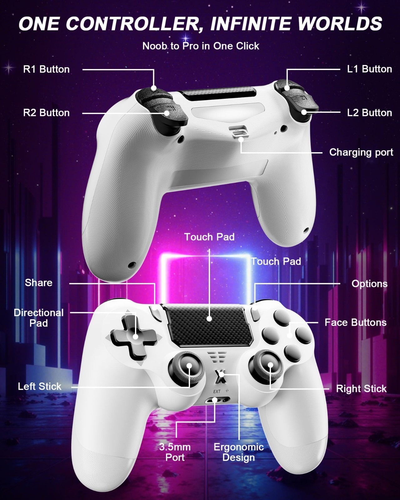 Wireless PS4 Controller – Dual Vibration Joystick, 3.5mm Audio Jack, Motion Sens