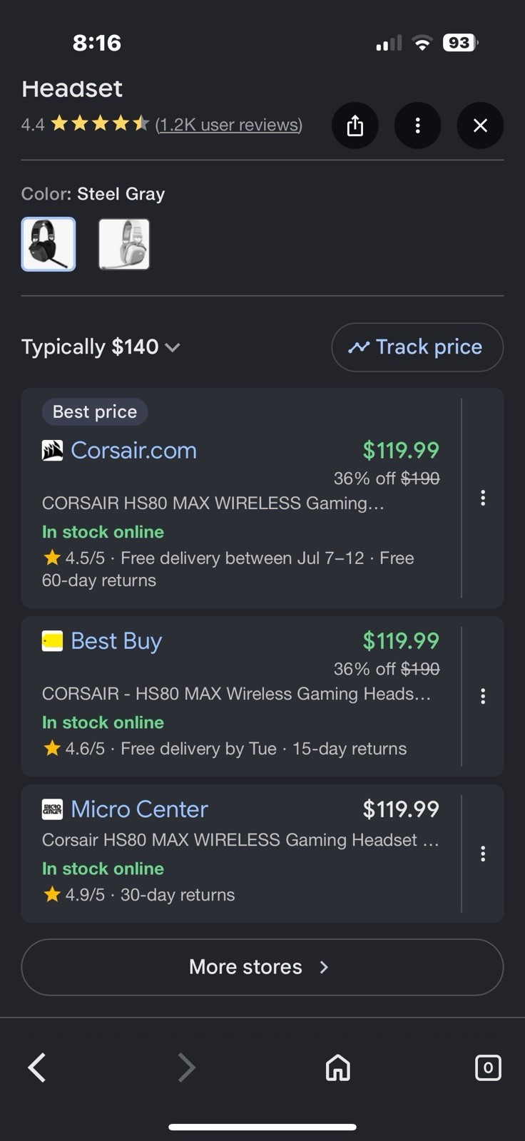 Corsair HS80 MAX Wireless Bluetooth Over-Ear Gaming Headset Boom Mic Steel Gray