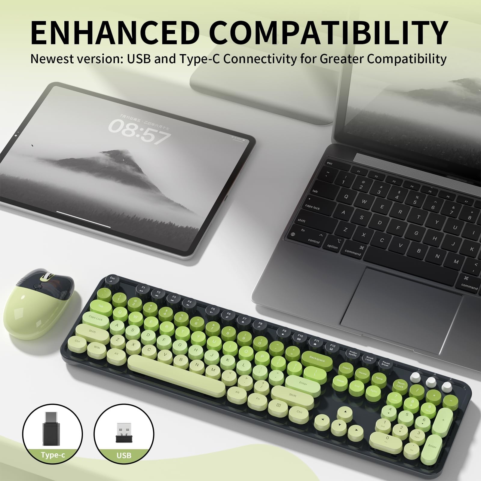 Wireless Keyboard and Mouse, MOFII 104 Round Keycaps Retro Typewriter with OT…