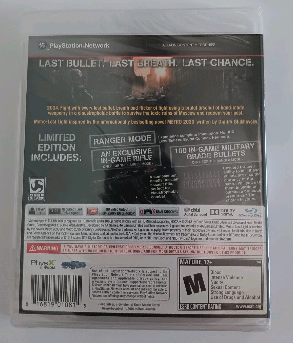 Deep Silver Metro: Last Light Limited Edition PS3 Shooter Brand New