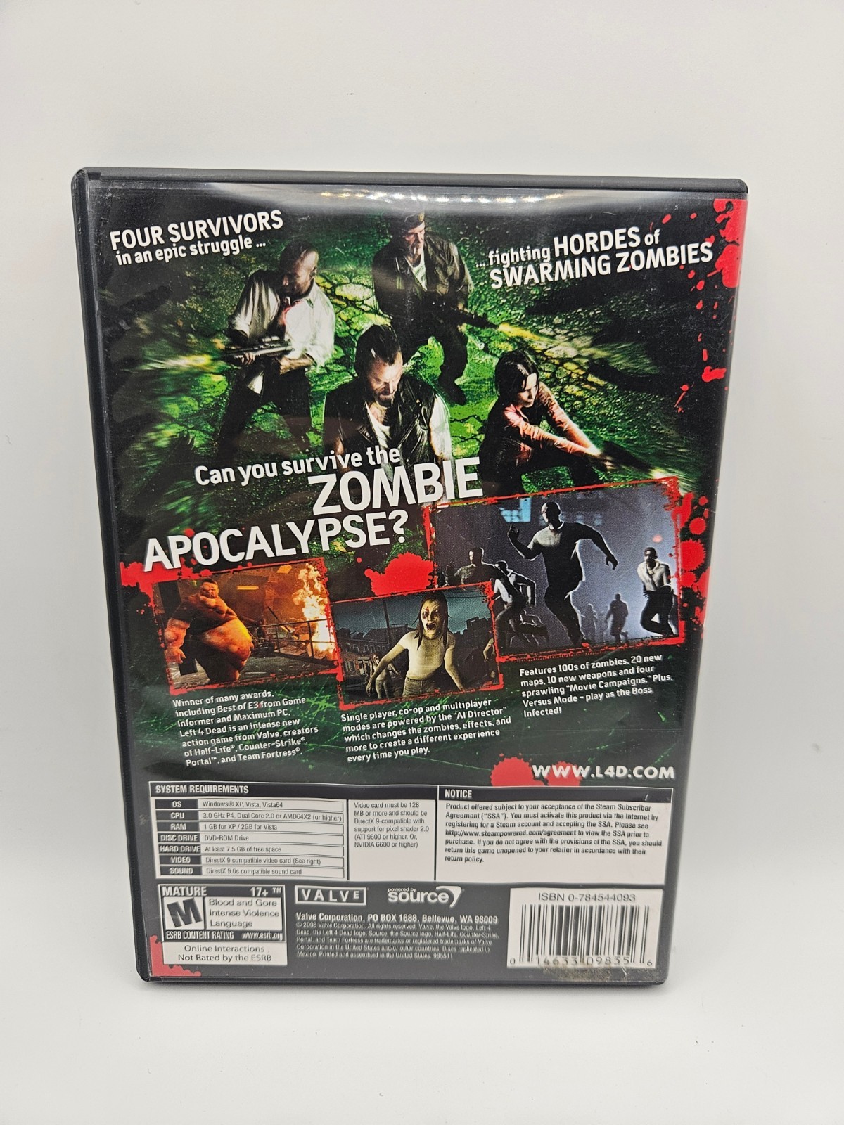 Left 4 Dead Horror Zombie PC CD-ROM Video Game By Valve Corporation 2008