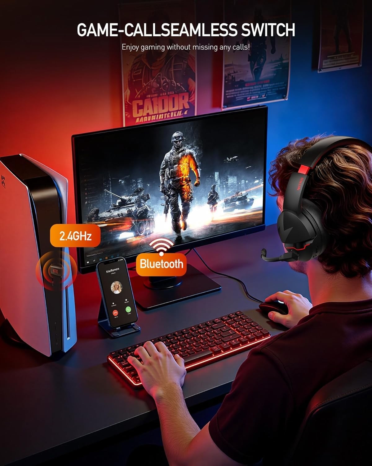 Acer 2.4GHz Wireless Gaming Headset Bluetooth 5.3 w/Mic PS5 PS4 PC 3.5mm 100H Ba