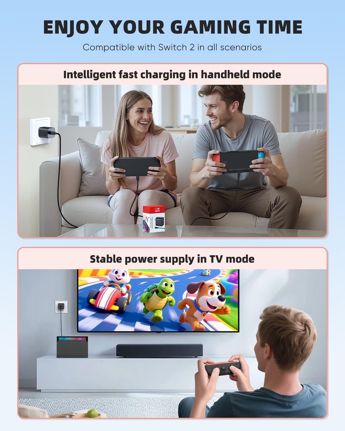 Switch 2 Charger 60W USB-C PD Fast Charging Adapter 5FT Cable Dock TV