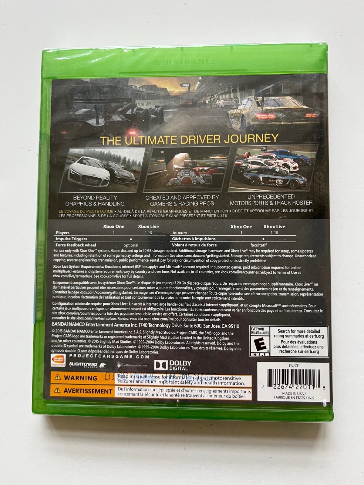 Project Cars (Microsoft Xbox One, 2015) X1 New Factory Sealed Bandai Namco