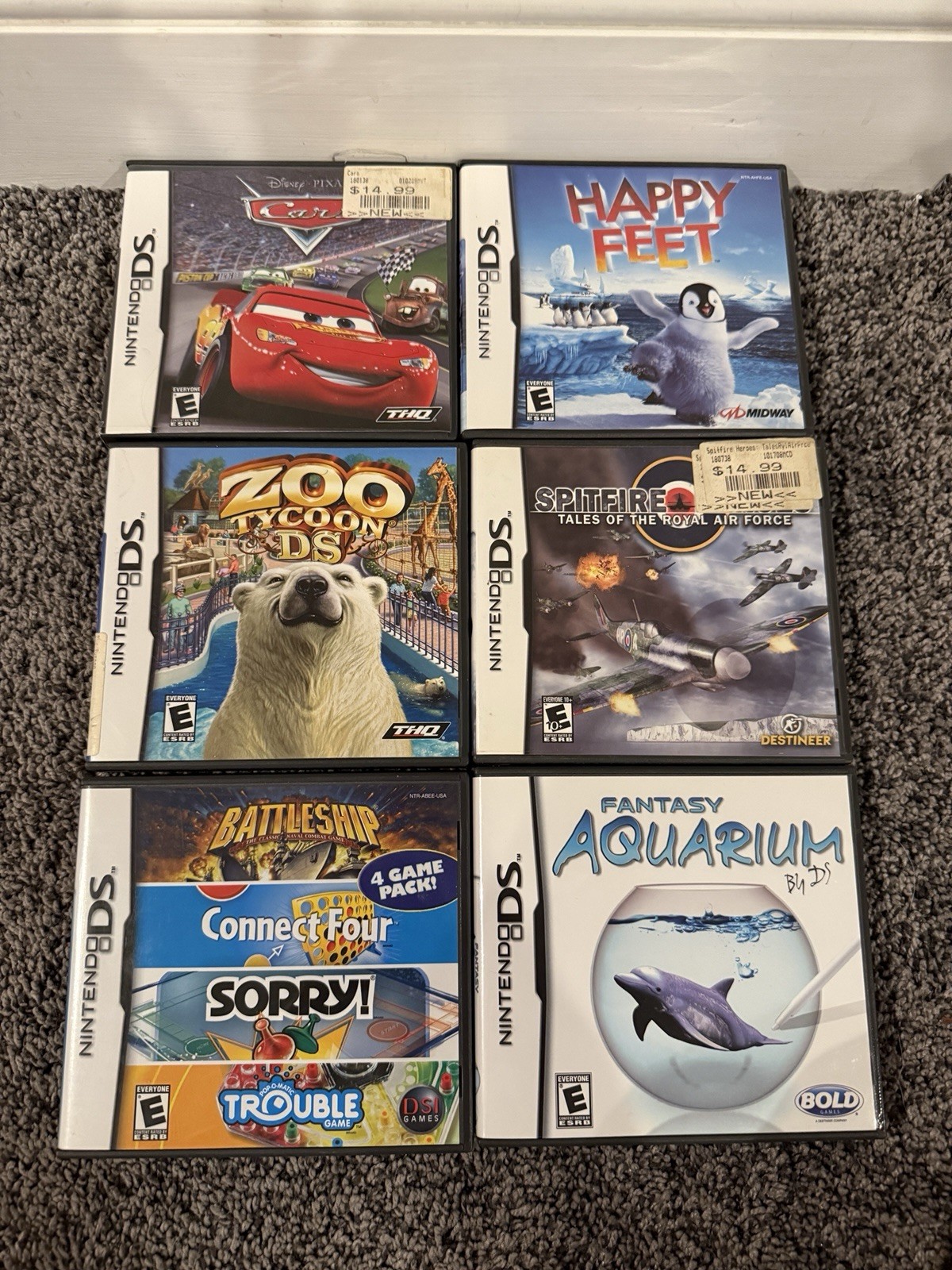 Nintendo DS 6 Game Lot Of 6 Cars Happy Feet Spitfire Zoo Tycoon Fantasy Aquarium