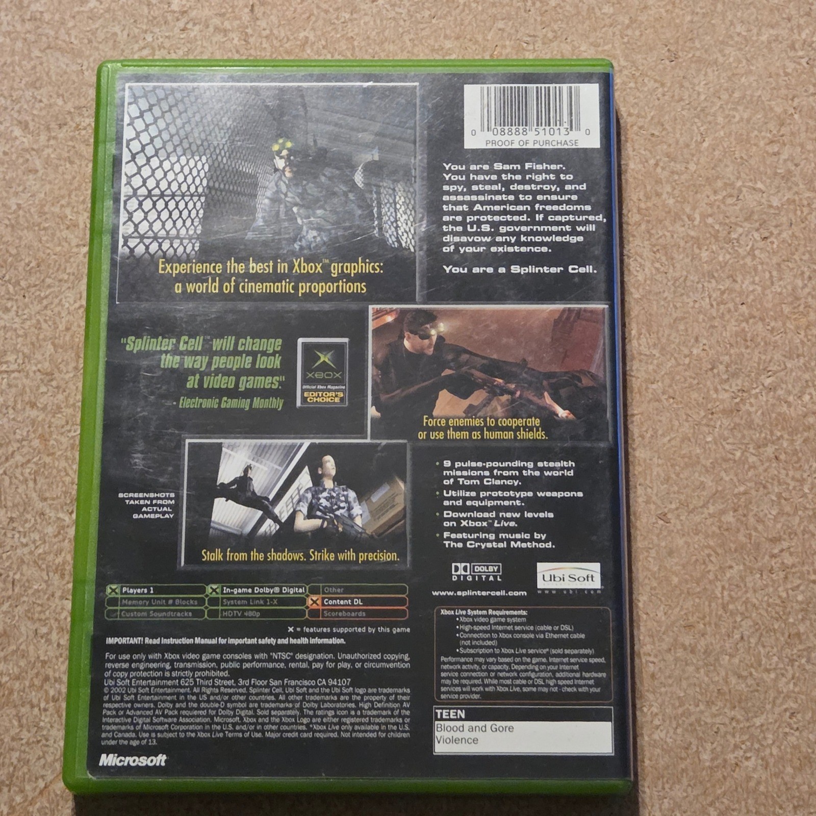 Microsoft Splinter Cell Xbox N/A Green Good Tom Clancy Stealth Action 2002