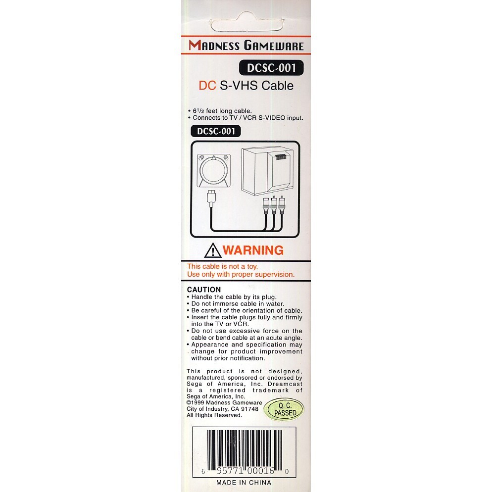 Sega Dreamcast S-VHS Cable for the ” Dreamcast ” NEW ” Madness Gameware “