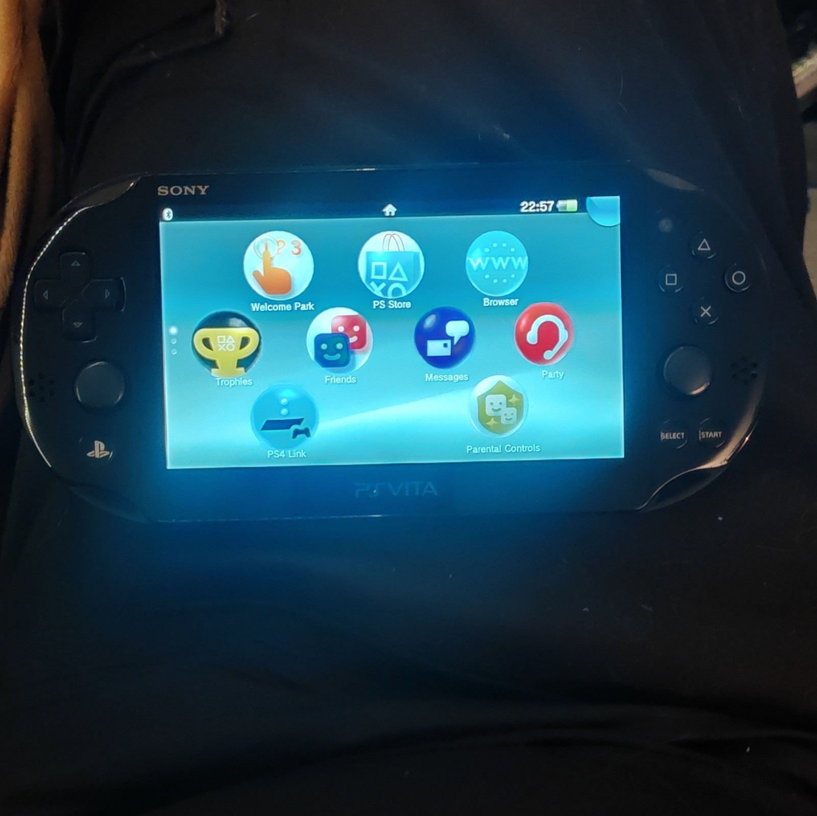Sony PS Vita with games, Carrying Case, charge cable, and Thumb Grips.