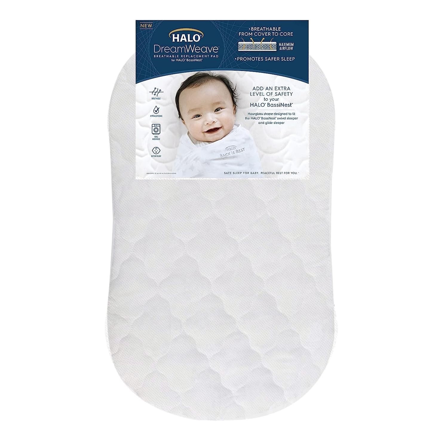HALO DreamWeave Breathable Mesh BassiNest Pad – 100% Washable Cover and Co