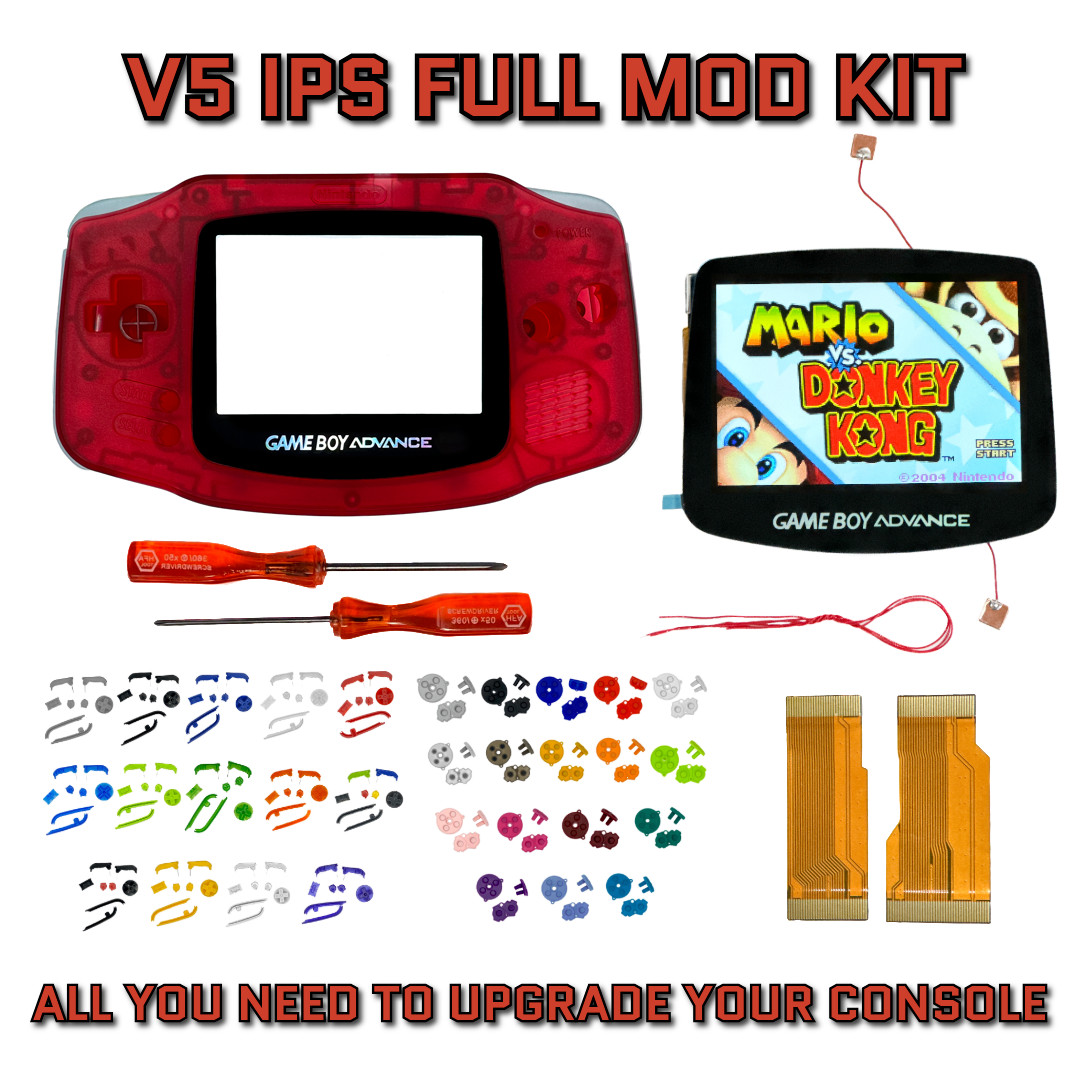 Game Boy Advance GBA V5 IPS LCD Backlight Housing Shell Mod Kit CLEAR RED