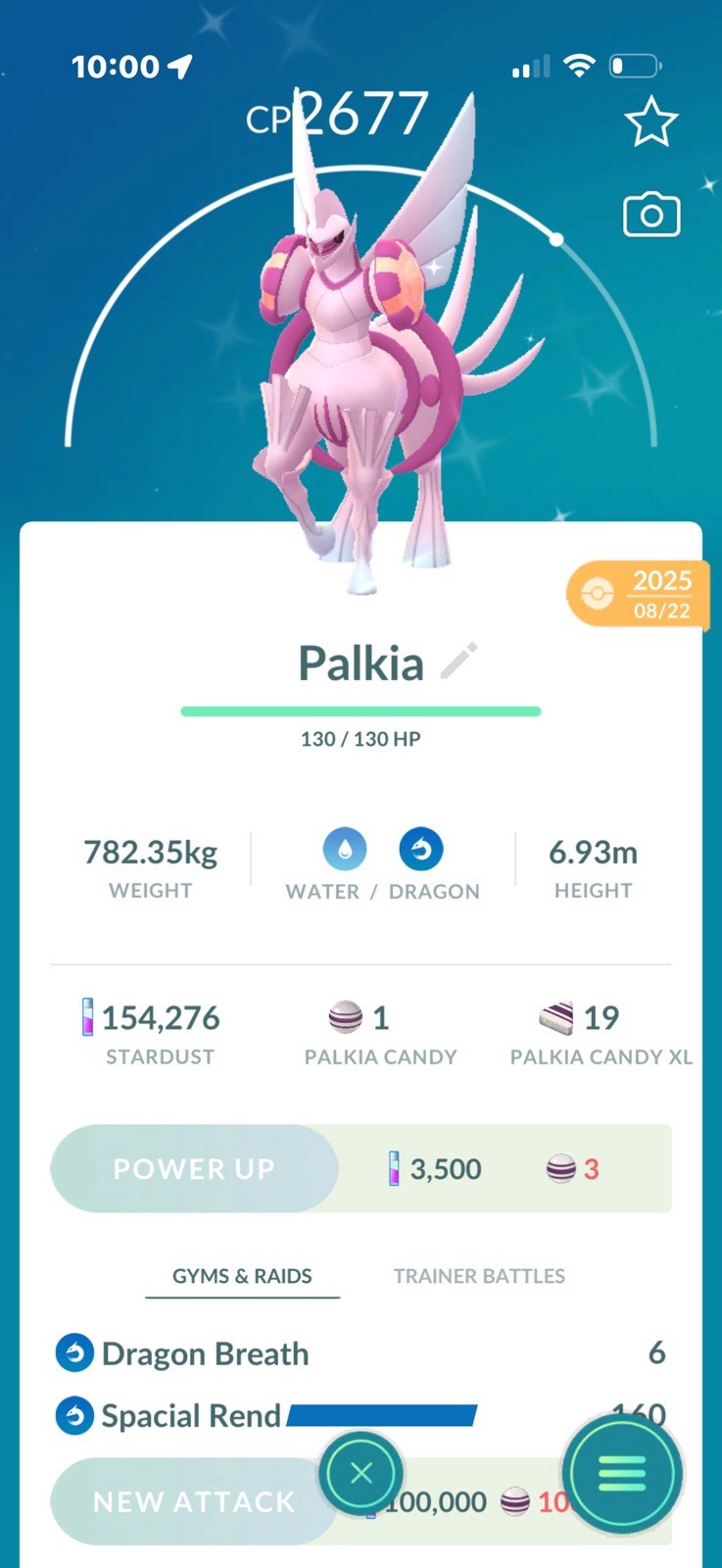 Niantic Pokémon GO Palkia Screenshot CP 2677 Dragon Breath/Spacial Rend