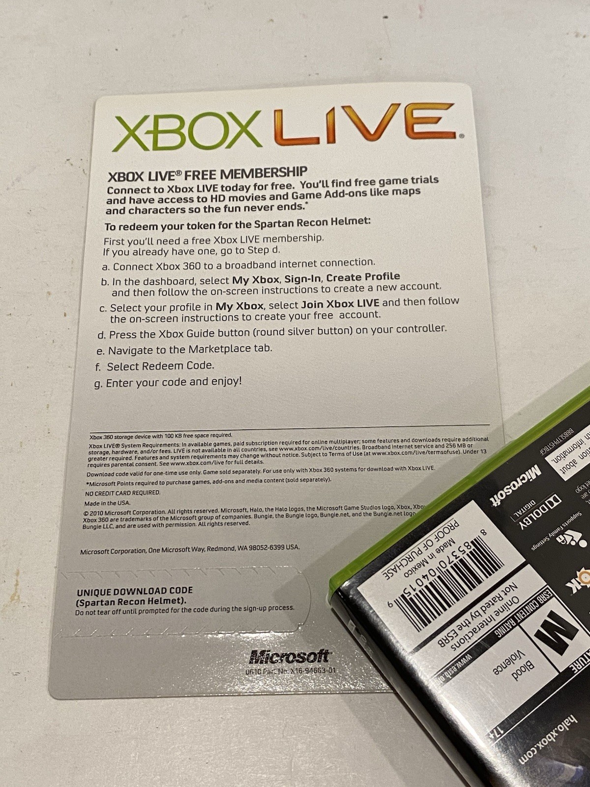 Halo Reach (Xbox 360) Complete With Unused Recon Helmet Bonus Content Code