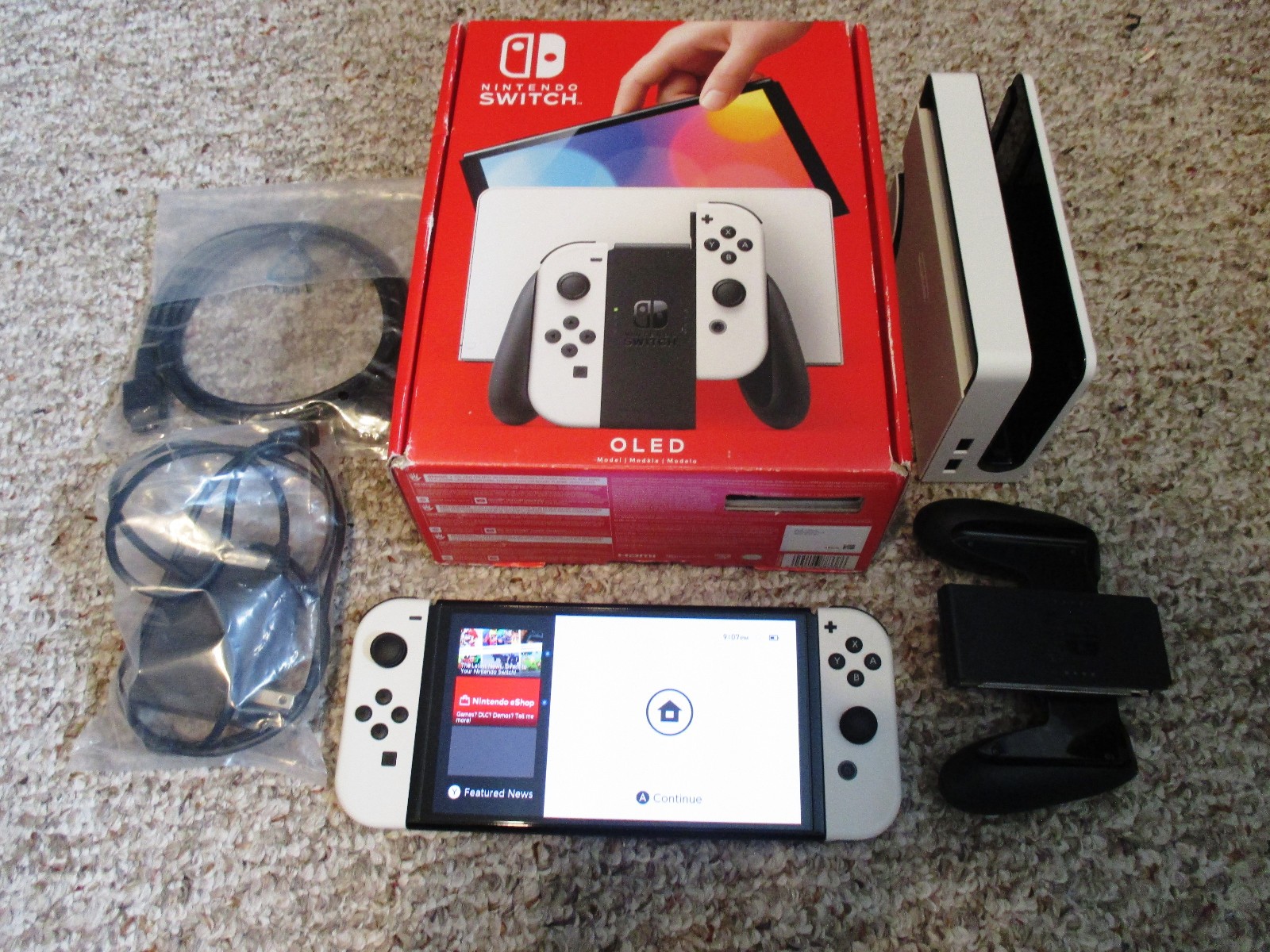 Nintendo Switch OLED System Black Console in Box w/White Joy-Cons + Dock +