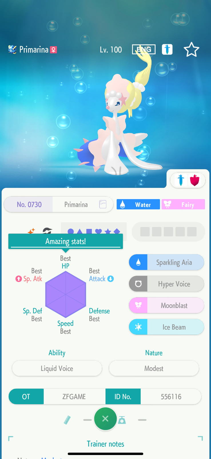 ✨6IV SHINY Primarina + EVS🚀 POKEMON HOME✨Champions✨Online delivery⚡