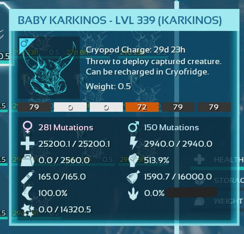 ARK ASCENDED PVE OFFICIAL PAIR BABY KARKINOS BLACK 25K HP 2.5K WEIGHT 513 MELEE