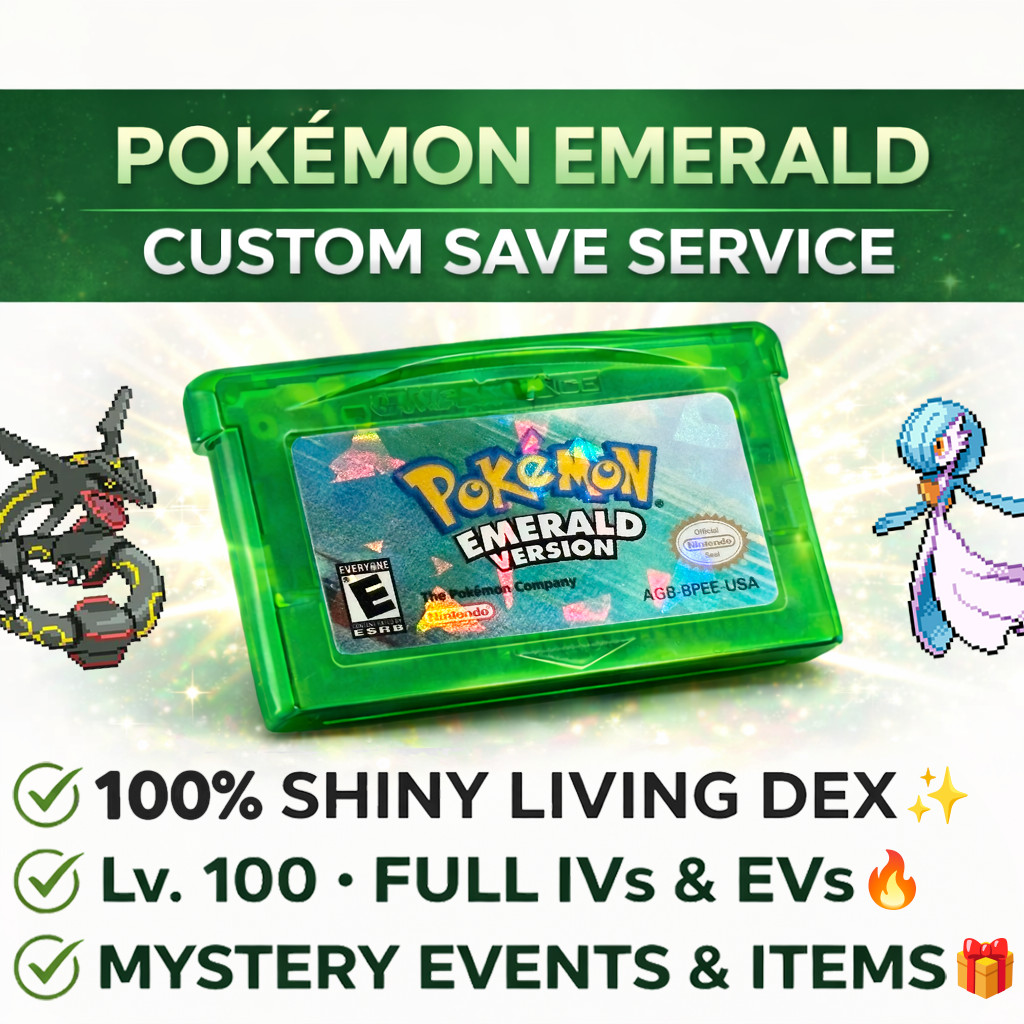 No Game-Pokemon Emerald Custom Save Completed Shiny Living Dex + Mystery Events