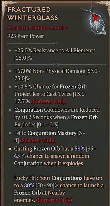 💥 DIABLO 4 💥 SEASON 5 S5💥Sorc BIS Amulet Fractured Winterglass High Roll2