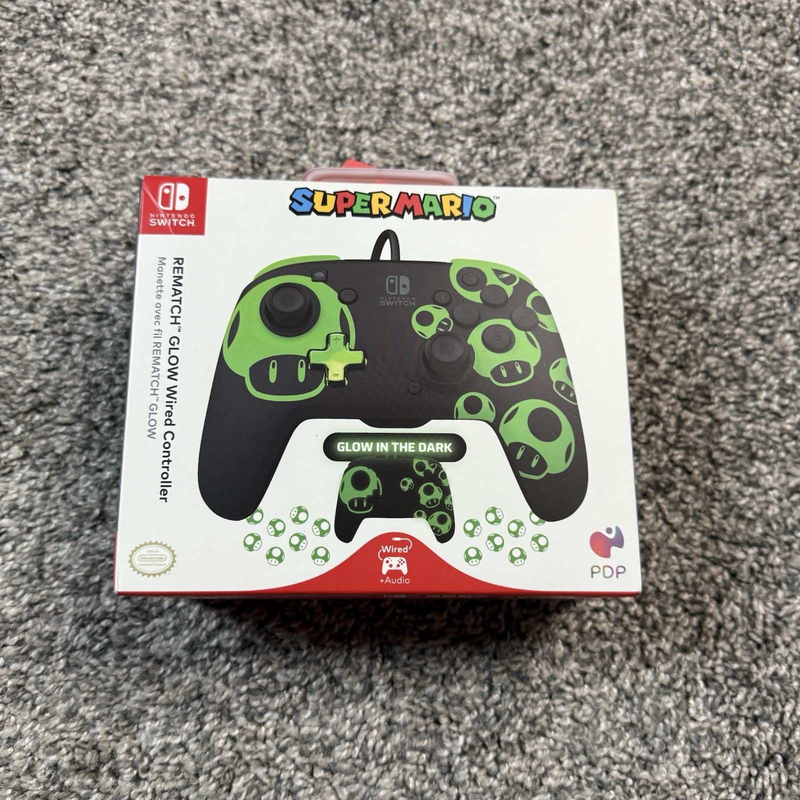 Nintendo Switch REMATCH GLOW Wired Controller 1-Up Mushroom PDP – New Open Box